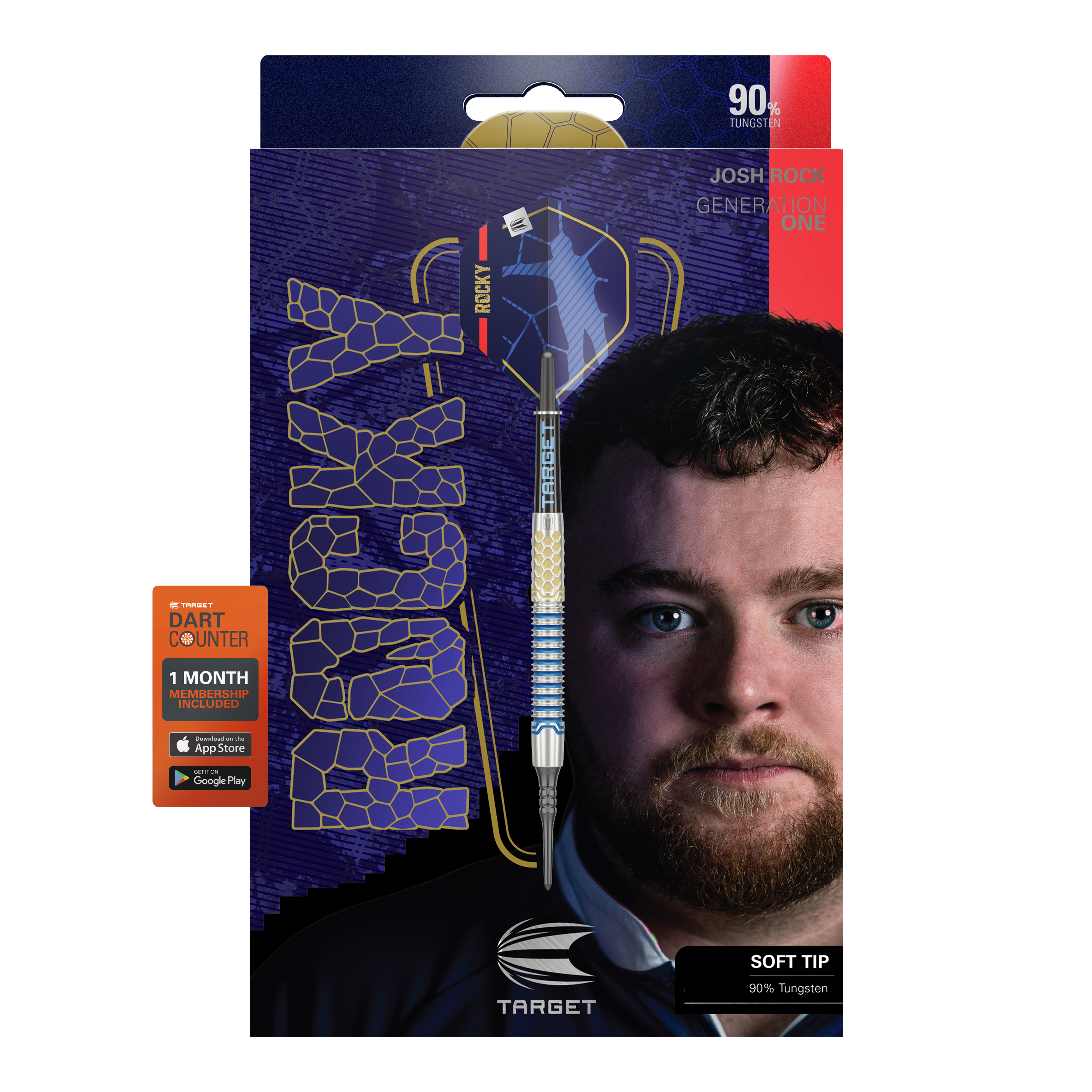 Target Josh Rock GEN1 Softdarts - 20g Die Abbildung zeigt die Softdarts "Target Josh Rock GEN1" mit einem Gewicht von 20g. Auf der Verpackung ist ein Porträt eines Mannes sowie die Angabe "90% Tungsten" und "SOFT TIP" zu sehen.