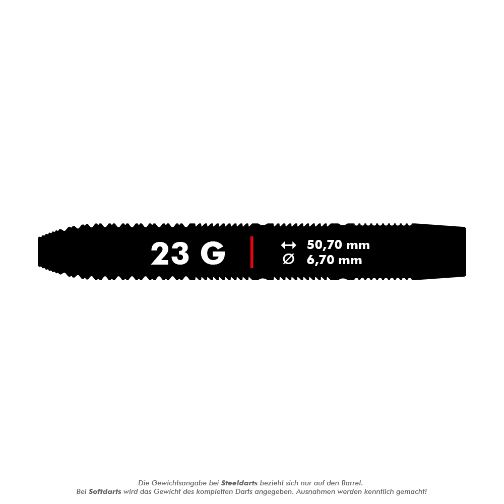 Target Kevin Doets GEN1 Swiss Point Steeldarts - 23g Das Bild zeigt die technischen Daten des Produkts "Target Kevin Doets GEN1 Swiss Point Steeldarts - 23g". Der Dart wiegt 23 Gramm, ist 50,70 mm lang und hat einen Durchmesser von 6,70 mm.