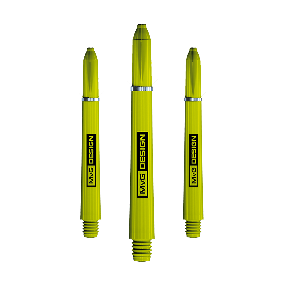 Das Bild zeigt drei gelbe Winmau Nylon Ring Grip MvG Design Shafts. Auf jedem Schaft steht der Schriftzug "MvG DESIGN" vertikal.