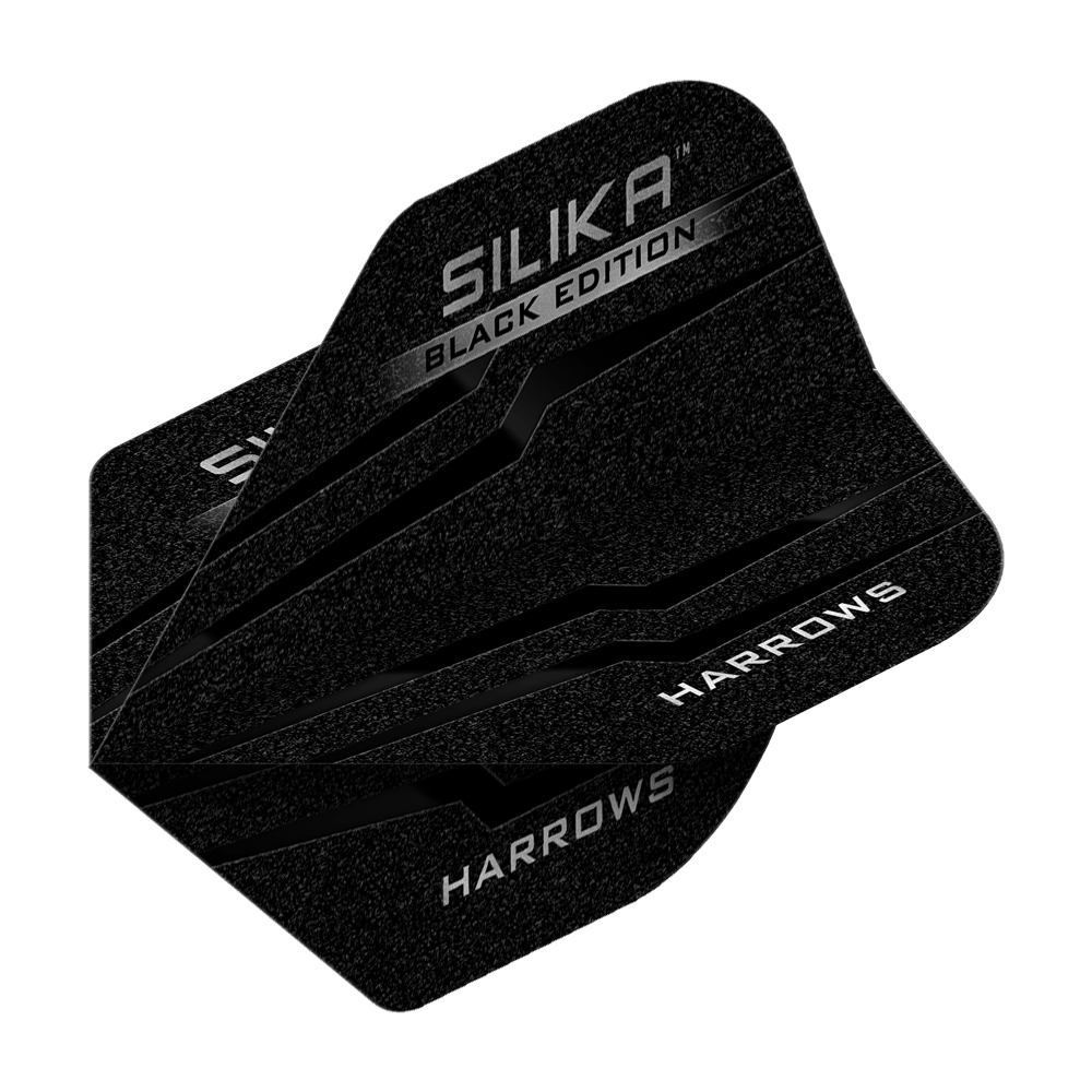 Harrows Silika Black-Edition No2 Standard Flights Das Bild zeigt die Harrows Silika Black-Edition No2 Standard Flights. Die Flights sind schwarz mit silbernen Akzenten und dem Aufdruck "Harrows" sowie "Silika Black Edition".