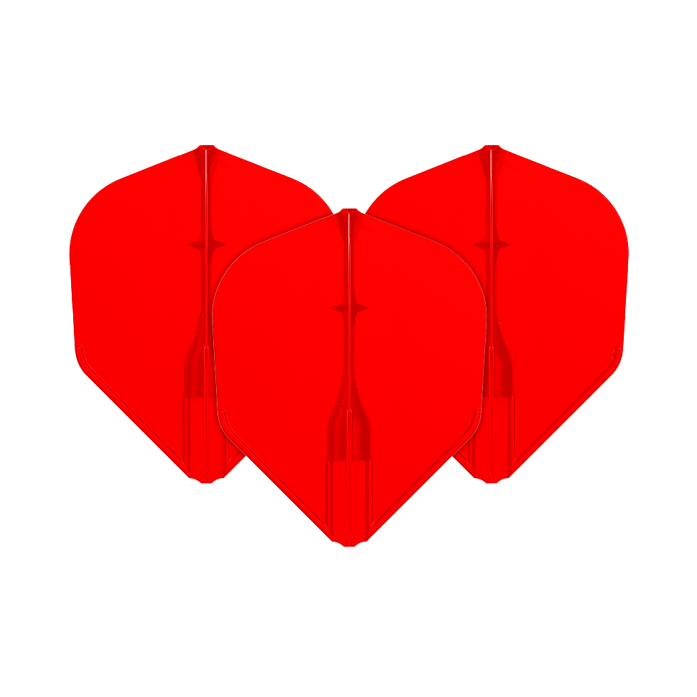 Auf dem Bild sind drei rote Dart-Flights zu sehen. Sie sind nebeneinander angeordnet und haben eine klassische Pfeilform.