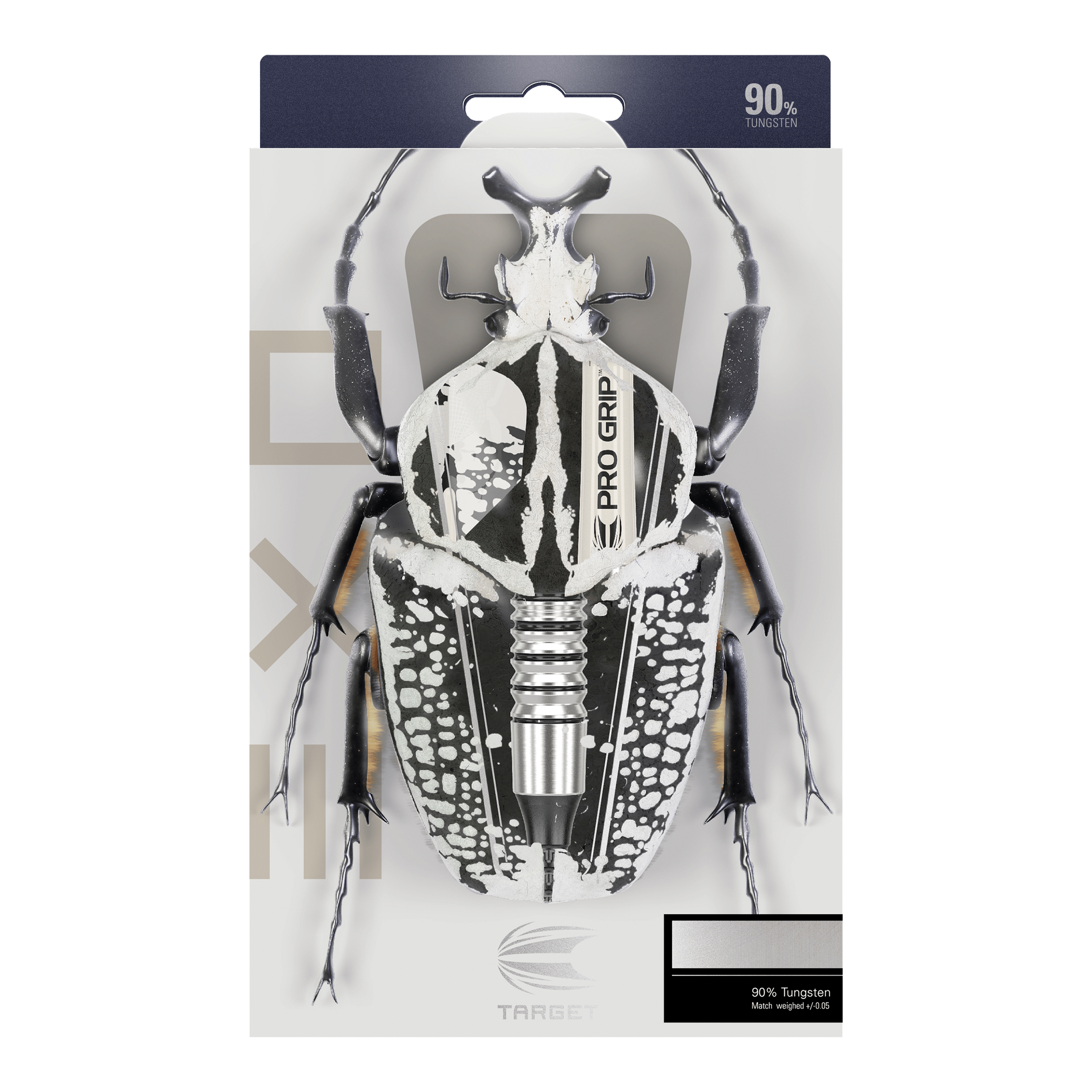 Target EXO 11 Softdarts Auf der Verpackung der "Target EXO 11 Softdarts" ist ein Käfer abgebildet, dessen Körper mit den Dartpfeilen kombiniert wurde. Oben steht "90% Tungsten", was auf das Material der Darts hinweist.