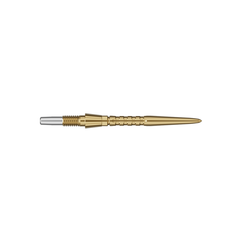 Auf dem Bild ist eine goldfarbene Steeldartspitze zu sehen. Sie hat eine schlanke, spitz zulaufende Form mit einem silbernen Ende.