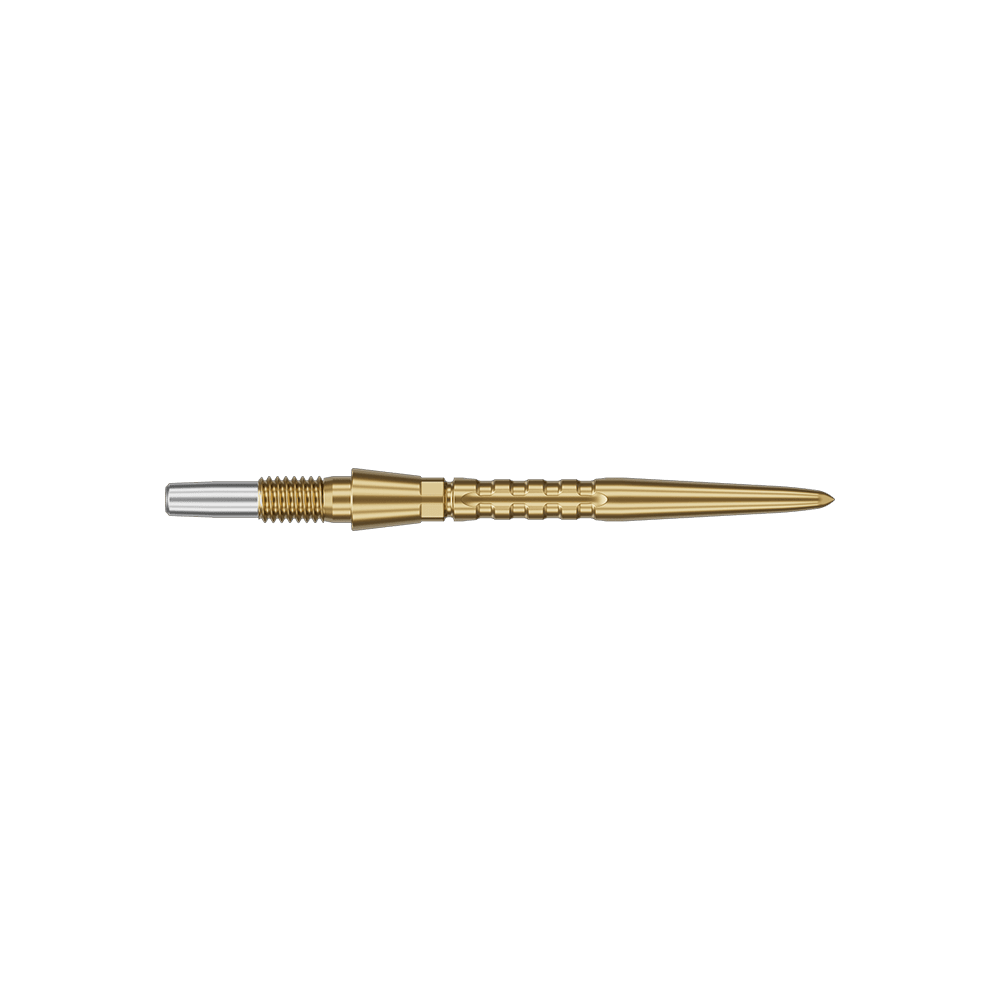 Target Swiss Point Storm Surge Steeldartspitzen - Gold Auf dem Bild ist eine goldfarbene Steeldartspitze zu sehen. Sie hat eine schlanke, spitz zulaufende Form mit einem silbernen Ende.