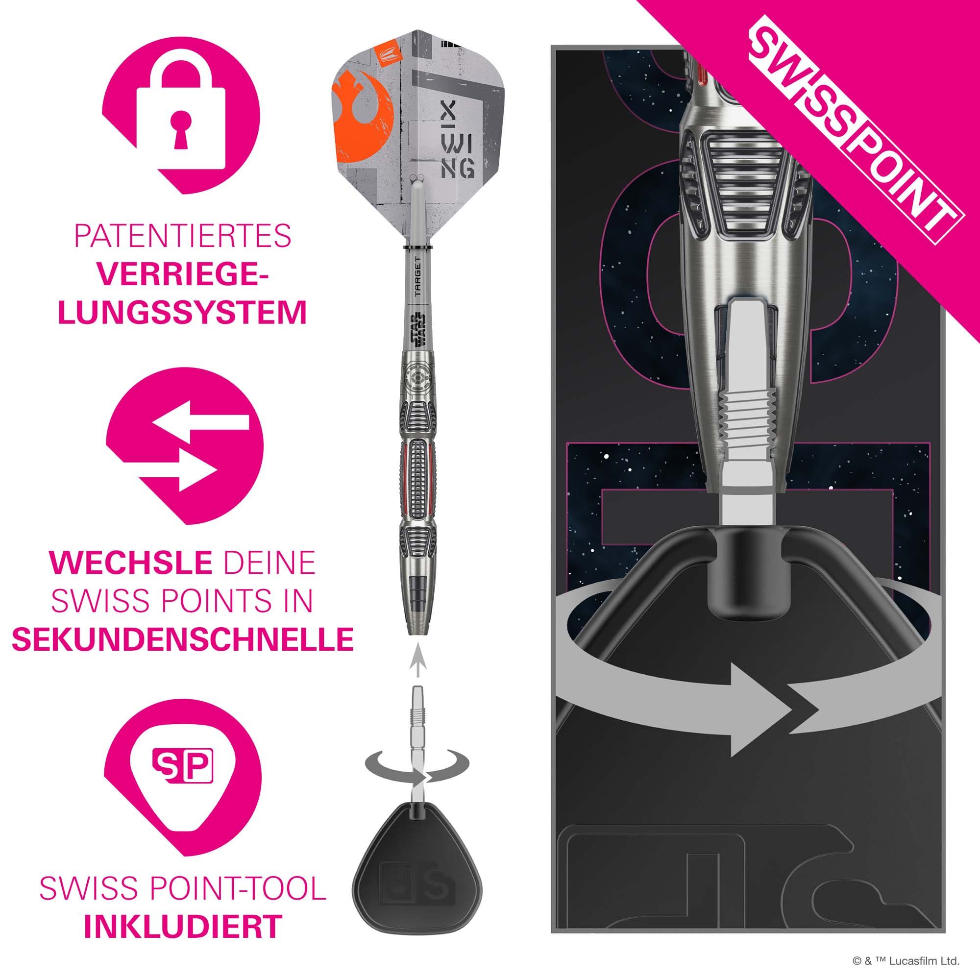 Target Star Wars X-Wing Swiss Point Steeldarts sind abgebildet. Das Produkt ist inspiriert von Star Wars und in einem speziellen Design gestaltet.