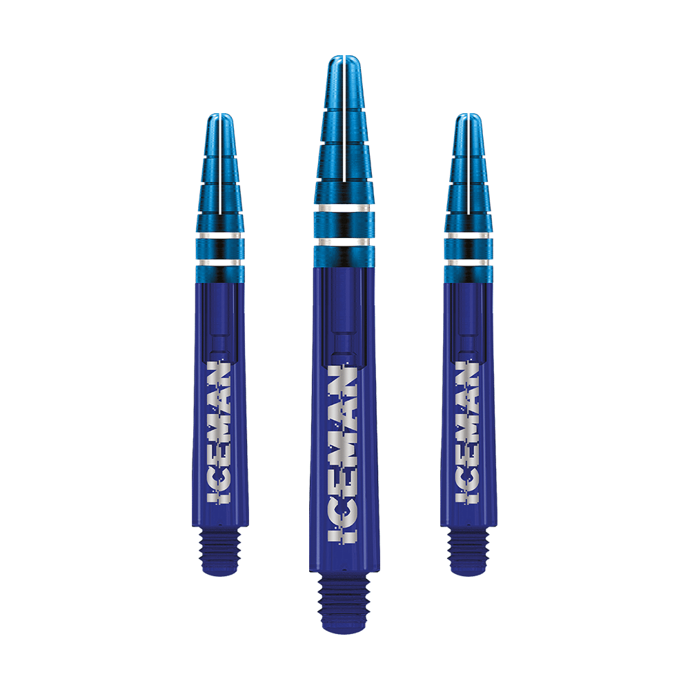 Das Bild zeigt drei blaue Dartschäfte mit der Aufschrift "ICEMAN". Die Schäfte sind metallisch glänzend und gehören zum Produkt "Red Dragon Nitrotech Gerwyn Price Blue Shafts".