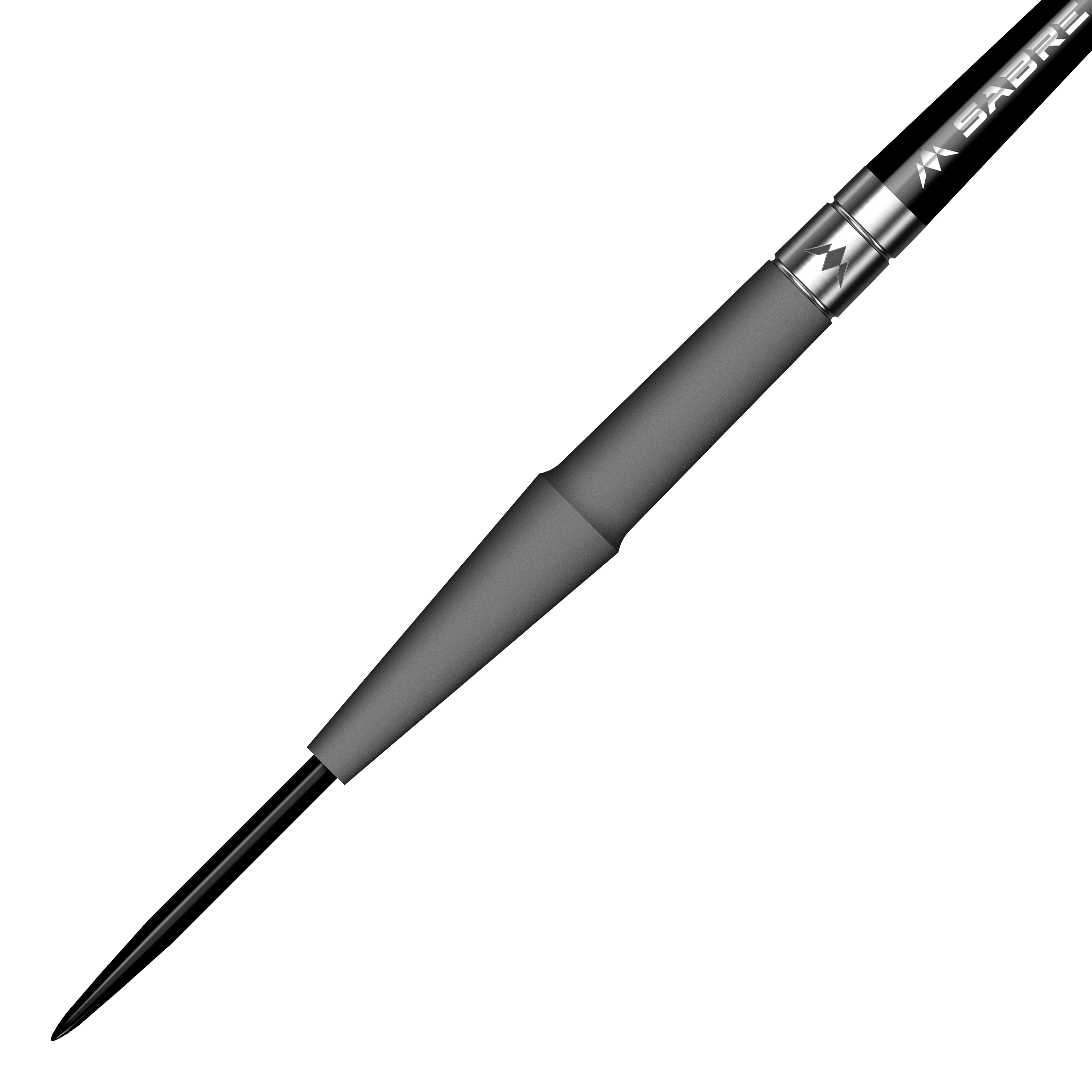 Das Bild zeigt einen Mission Saturn Hyperion Steeldart mit einem schlanken, schwarzen Design. Der Dart hat eine glatte Oberfläche und eine spitze Stahlspitze.