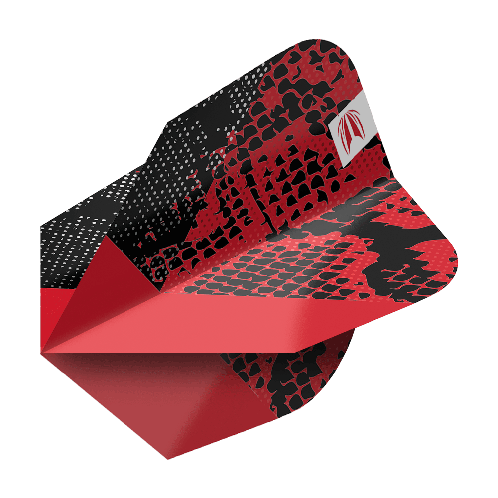 Das Bild zeigt einen Dartflug mit auffälligem rot-schwarzem Muster und punktuellen Details. In der Ecke ist ein weißes Logo abgebildet.