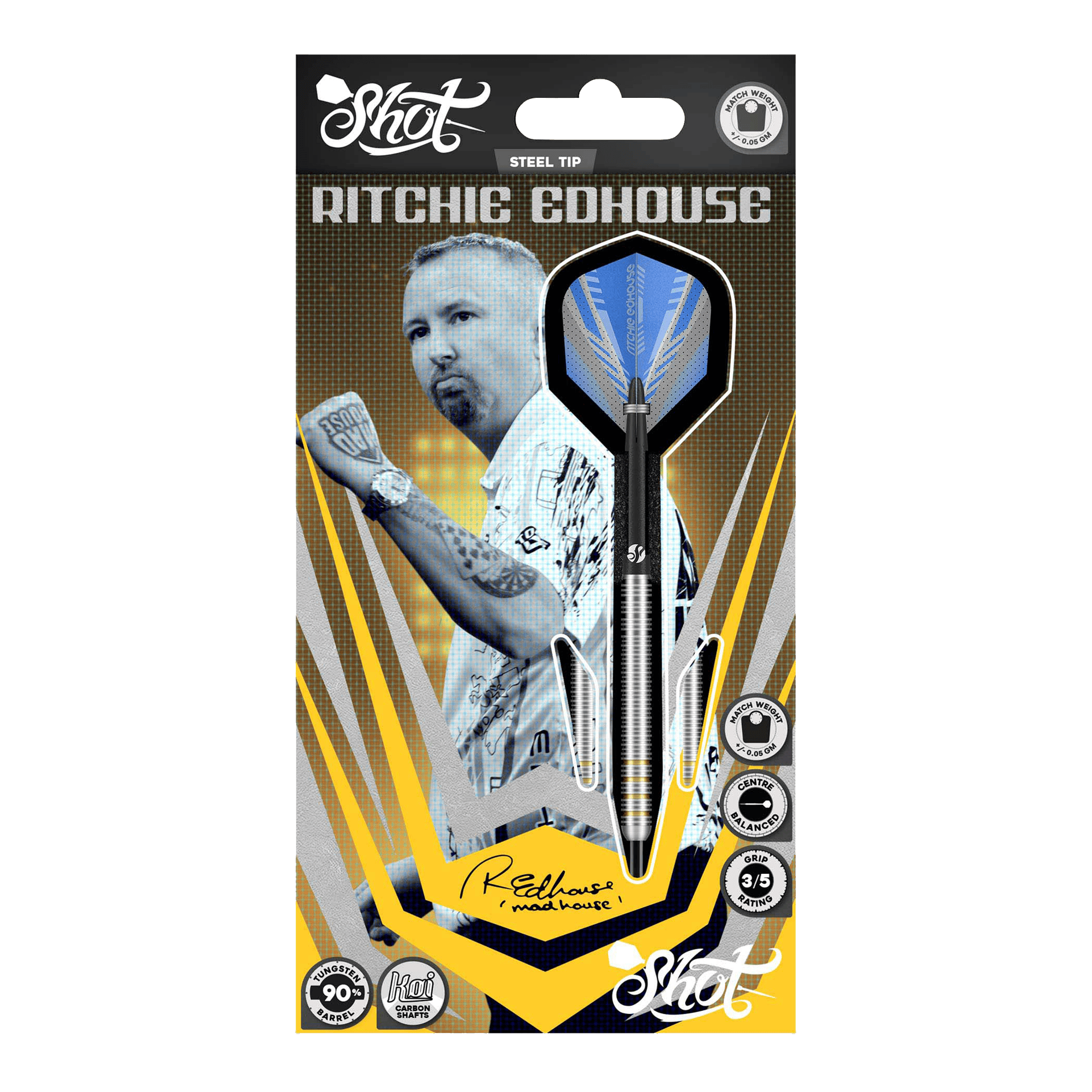 Shot Ritchie Edhouse Core Steeldarts Das Bild zeigt die Shot Ritchie Edhouse Core Steeldarts aus einer anderen Perspektive. Die Darts sind präzise verarbeitet und ideal für Profis.