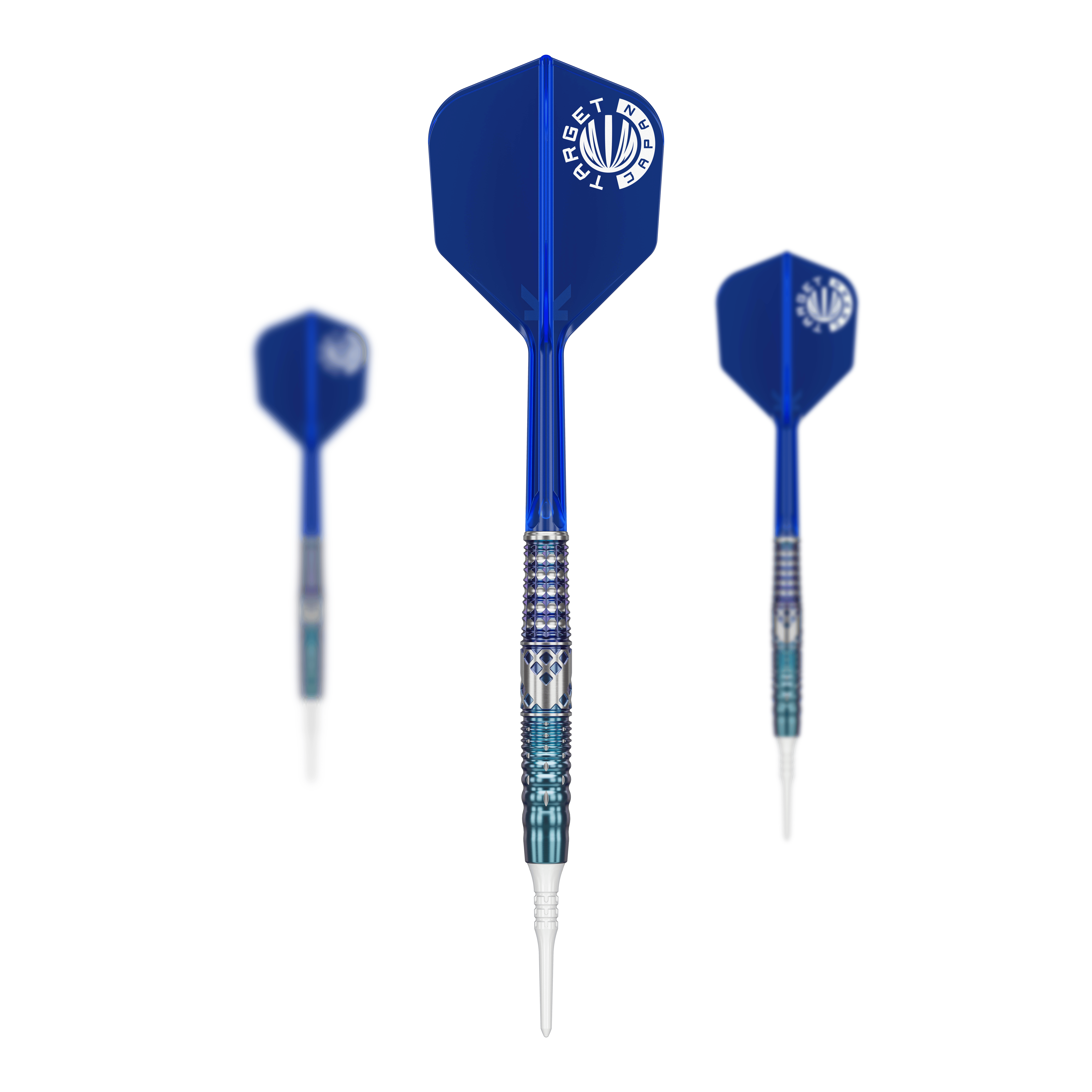 Das Bild zeigt drei blaue Softdarts aus der Serie "Target Japan Cathy Leung Charis GEN5 - 19g". Die Spitzen sind weiß, und die Flights tragen das Target-Logo.