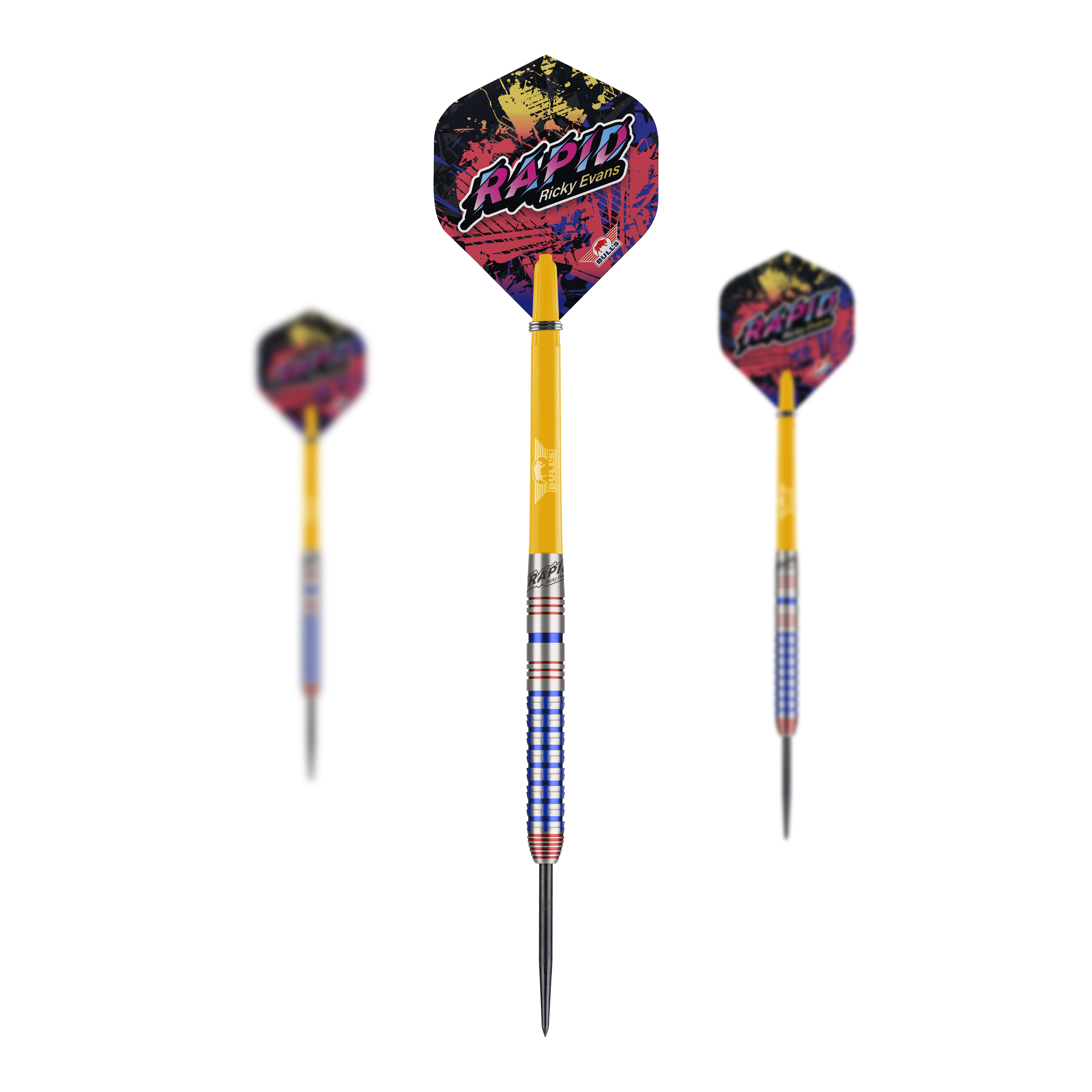 Bulls NL Ricky Evans Rapid Edition One Steeldarts Das Bild zeigt drei Steeldarts des Modells "Bulls NL Ricky Evans Rapid Edition One". Die Darts haben bunte Flights mit dem Schriftzug "Rapid" und einen auffälligen gelb-blauen Schaft.