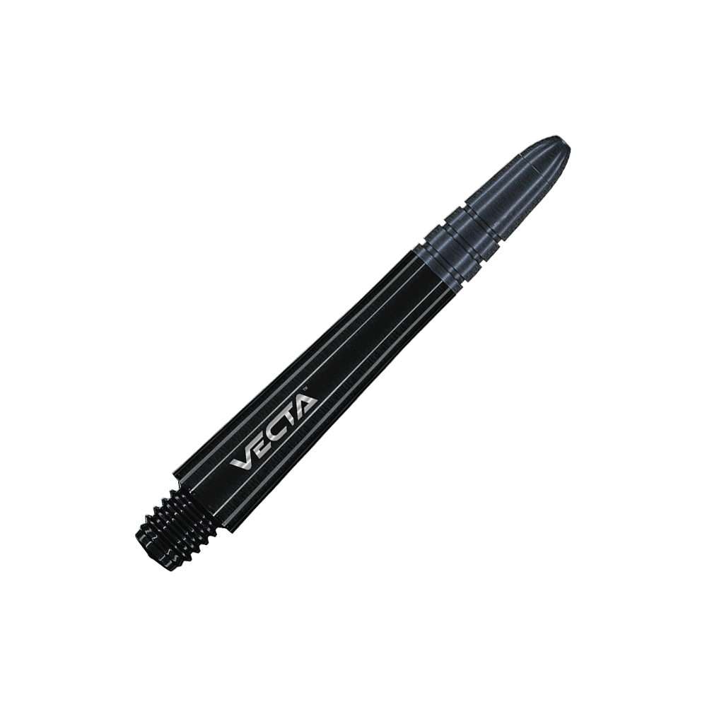 7025-401_Winmau_Vecta_Shafts_Schwarz_37mm_2 Das Bild zeigt einen schwarzen Dart-Schaft mit der Aufschrift "VECTA". Der Schaft ist metallisch glänzend und hat ein Schraubgewinde am Ende.