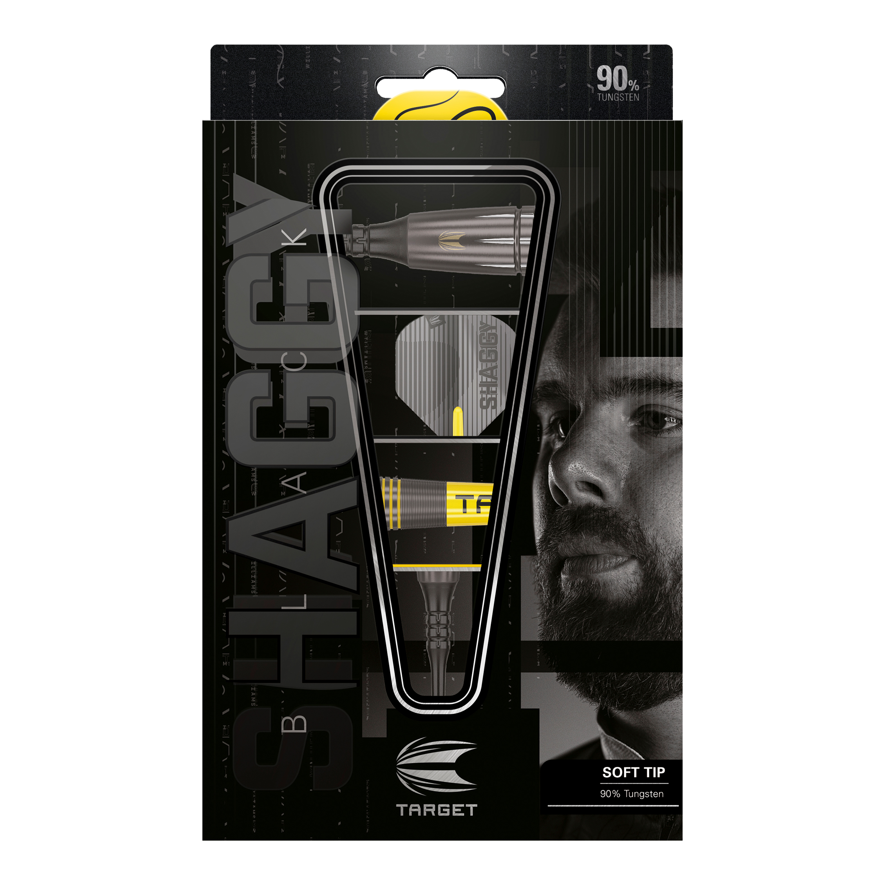 Target Scott Williams Shaggy Black Softdarts - 20g Das Bild zeigt die Verpackung der "Target Scott Williams Shaggy Black Softdarts - 20g". Die Darts bestehen zu 90% aus Wolfram und haben eine schwarze und gelbe Optik.