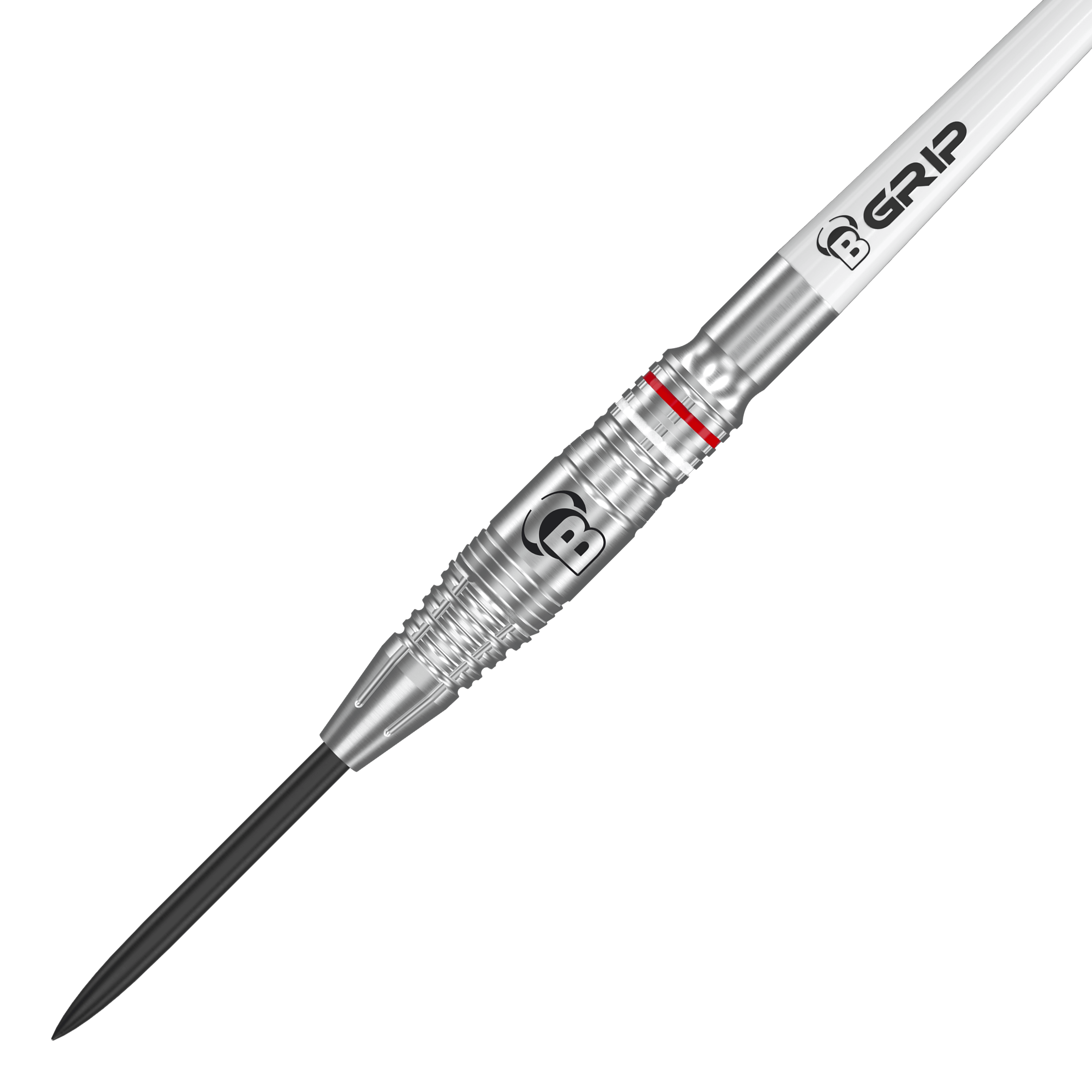 Bulls Niko Springer Steeldarts Das Bild zeigt einen Bulls Niko Springer Steeldart. Der Dart ist silberfarben mit einem gezackten Griff und einem schwarzen Spitzenteil.