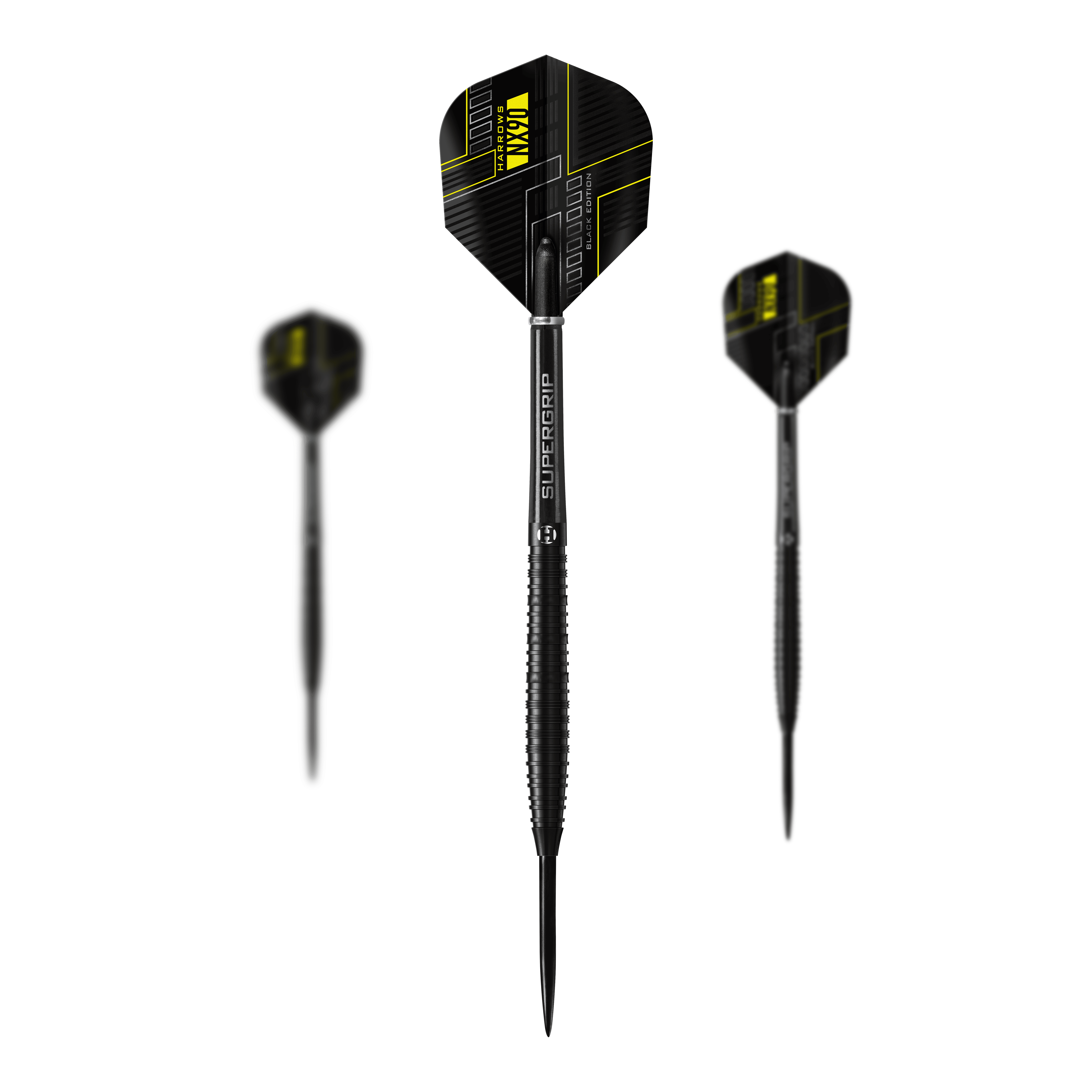 Das Bild zeigt drei schwarze Steeldarts der Marke Harrows NX90 Black-Edition. Die Darts haben gelbe Akzente und sind mit "SUPERGRIP" beschriftet.