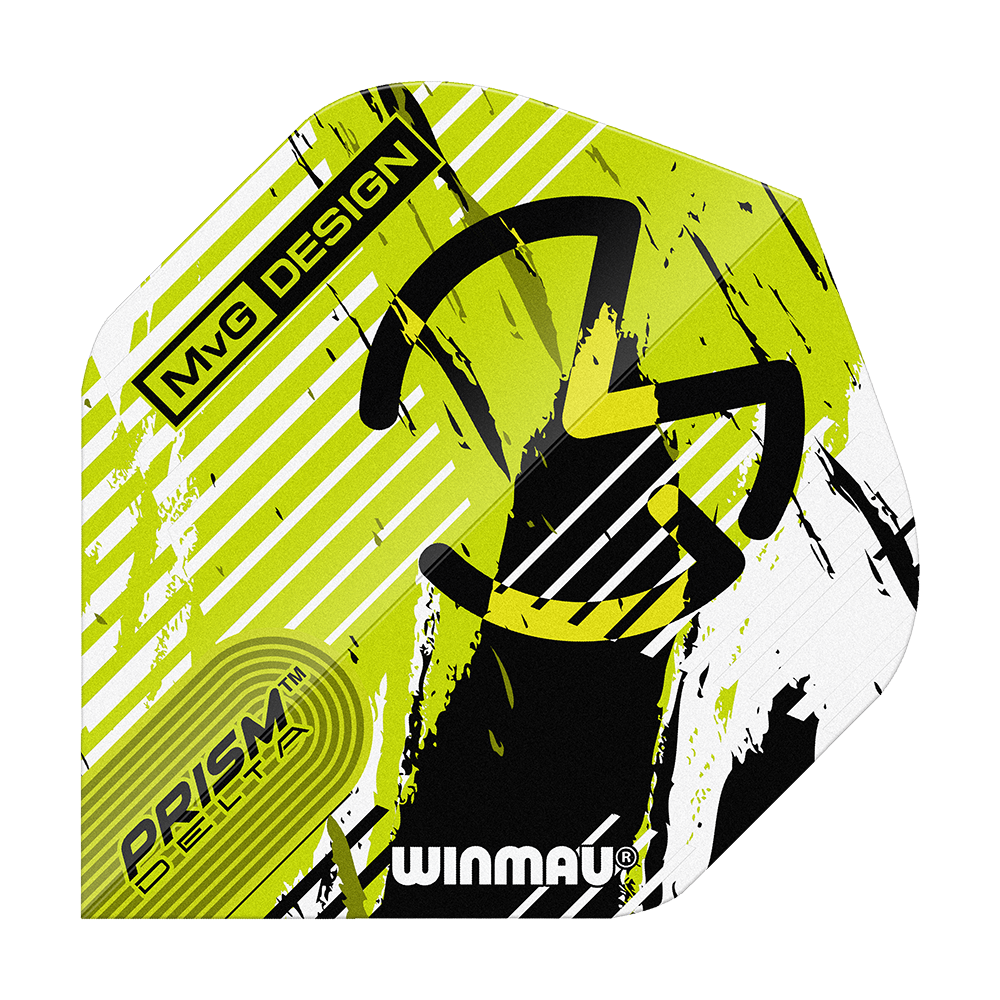 Das Bild zeigt ein Winmau Delta Michael Van Gerwen Prism 03 Standard Flight. Das Design ist in Gelb, Schwarz und Weiß gehalten und trägt die Aufschrift „MvG Design“ sowie „Prism Delta“.