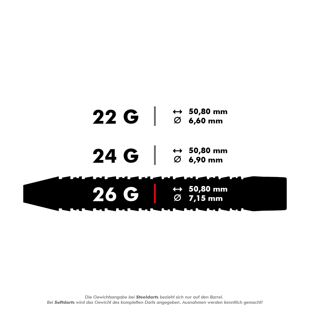 Das Bild zeigt die technischen Daten eines Steeldarts mit einem Gewicht von 26 Gramm. Die Länge beträgt 50,80 mm und der Durchmesser 7,15 mm.