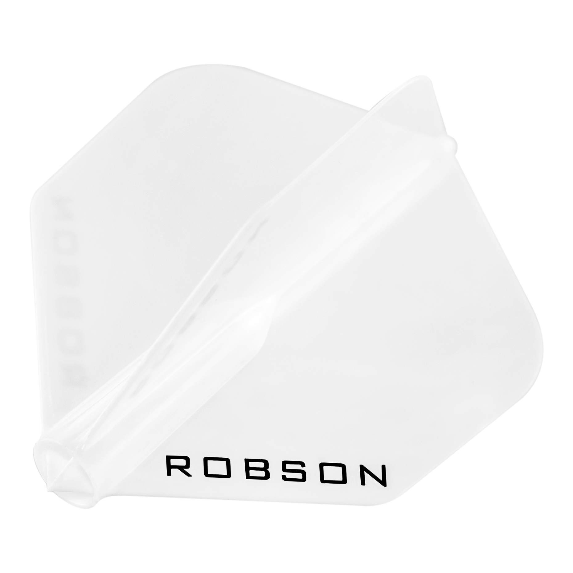 Das Bild zeigt einen weißen Dartflight mit der Aufschrift "ROBSON". Der Flight hat eine klassische, rautenförmige Form.