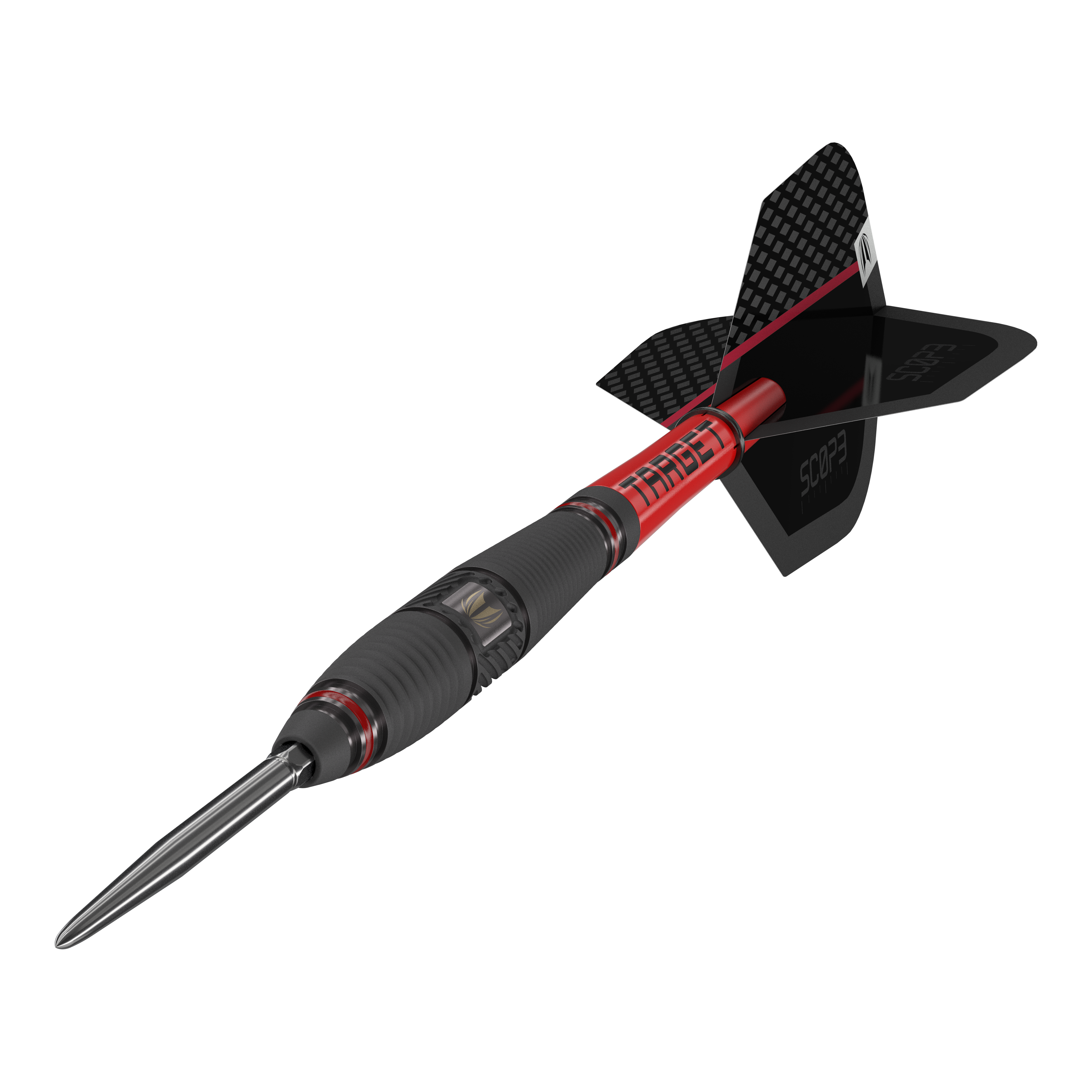 Target Scope 03 Swiss Point Steeldarts Das Bild zeigt einen Target Scope 03 Swiss Point Steeldart mit schwarzem und rotem Design. Der Dartpfeil hat eine stabile Stahlspitze und aerodynamische Flügel.