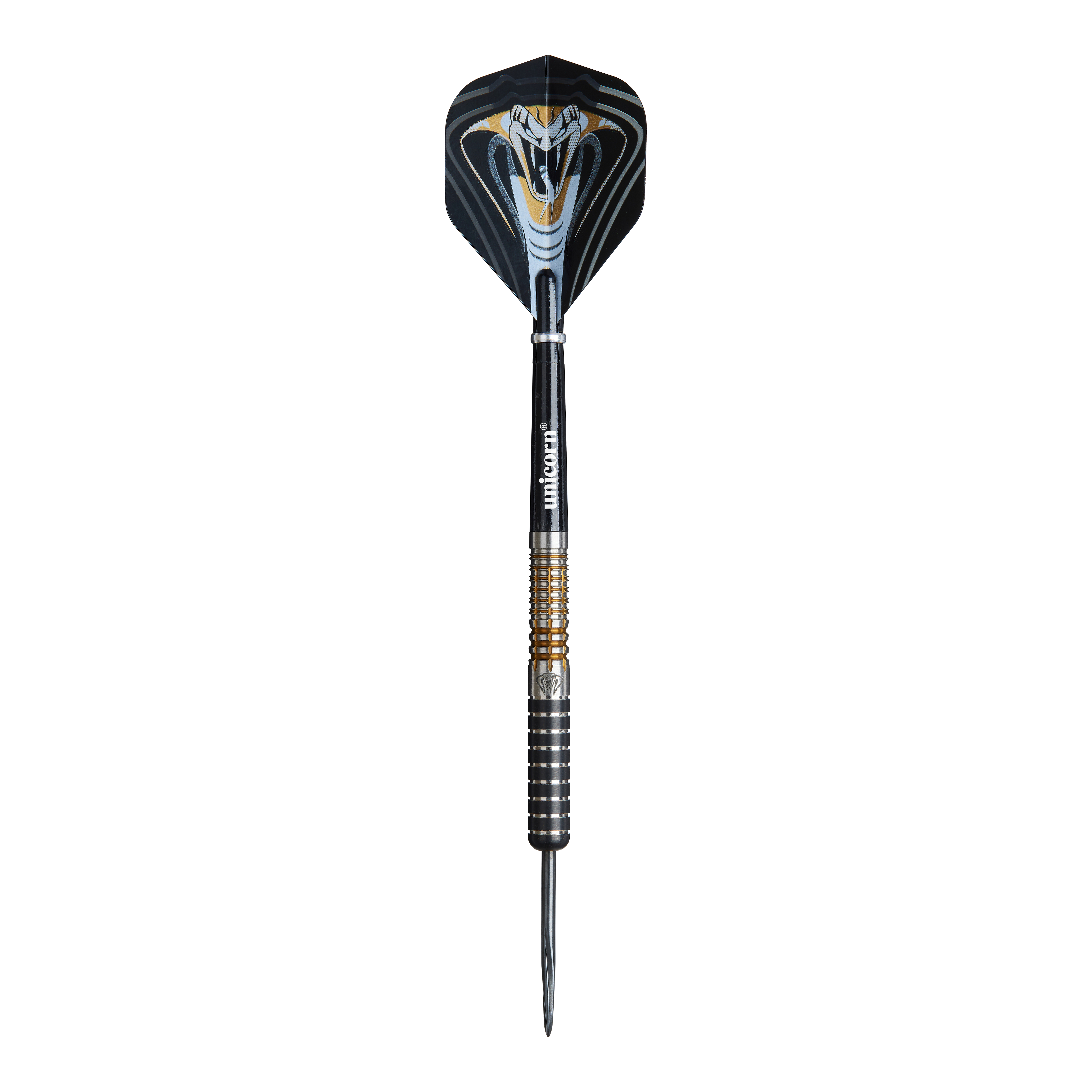Unicorn Maestro Jeffrey De Zwaan Phase 3 Steeldarts Das Bild zeigt einen Unicorn Maestro Jeffrey De Zwaan Phase 3 Steeldart. Der Dart ist schwarz mit silbernen und goldenen Akzenten und zeigt ein auffälliges Schlangendesign auf dem Flight.