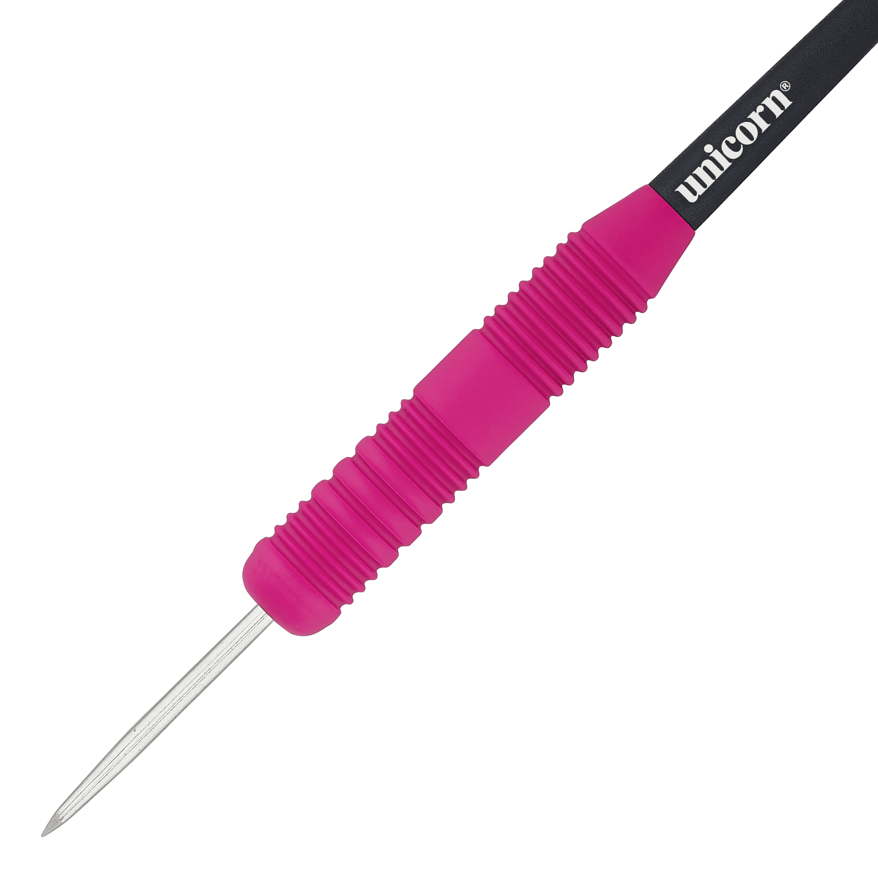 Das Bild zeigt einen Unicorn Core Plus Steeldart mit einem gummierten, pinken Griff. Der Dart hat eine silberne Spitze und einen schwarzen Schaft mit dem weißen "unicorn"-Logo.