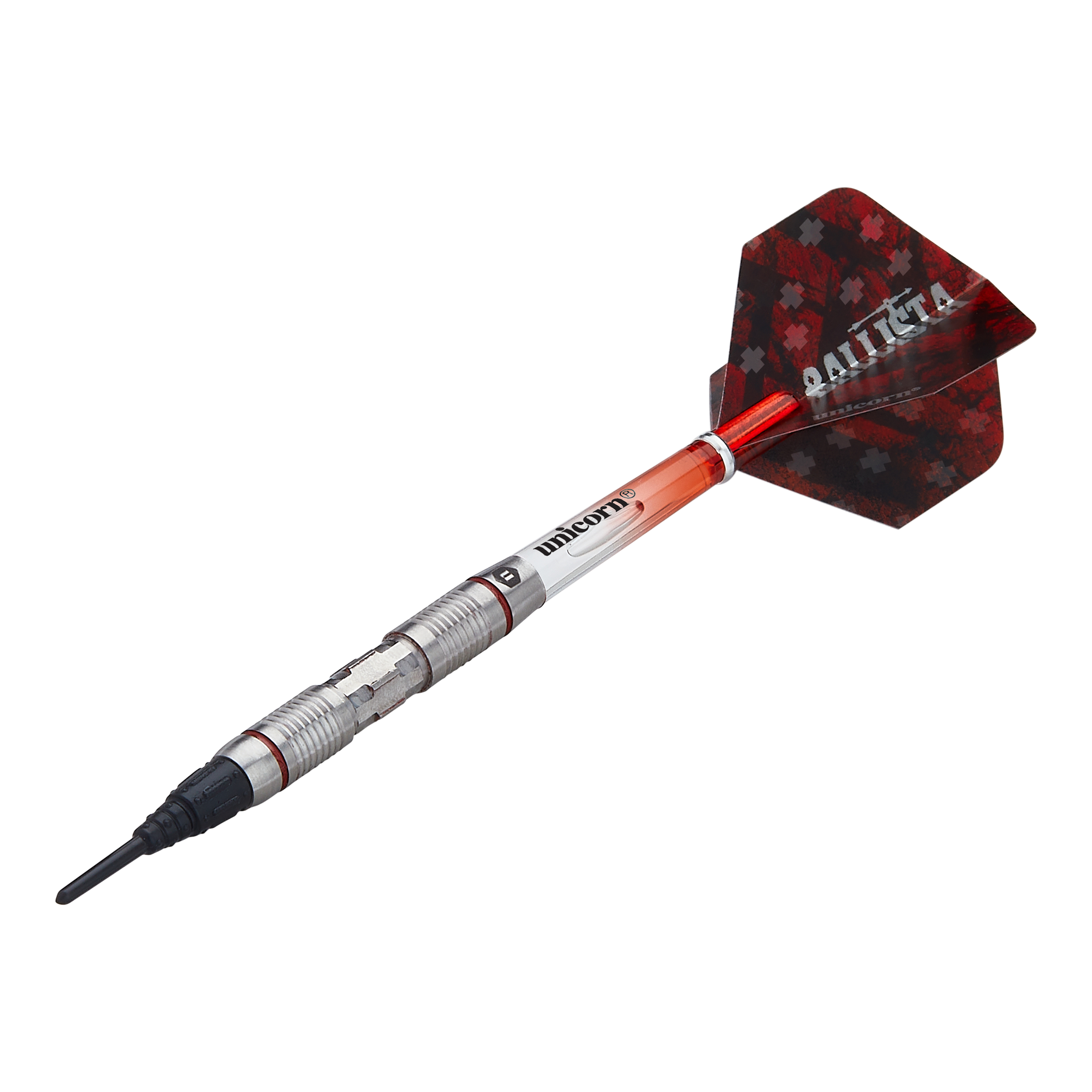 Das Bild zeigt einen Softdart namens "Unicorn Ballista Style 2". Der Dart hat einen silbernen Schaft, einen roten Flight mit dem Schriftzug "BALLISTA" und eine schwarze Spitze.
