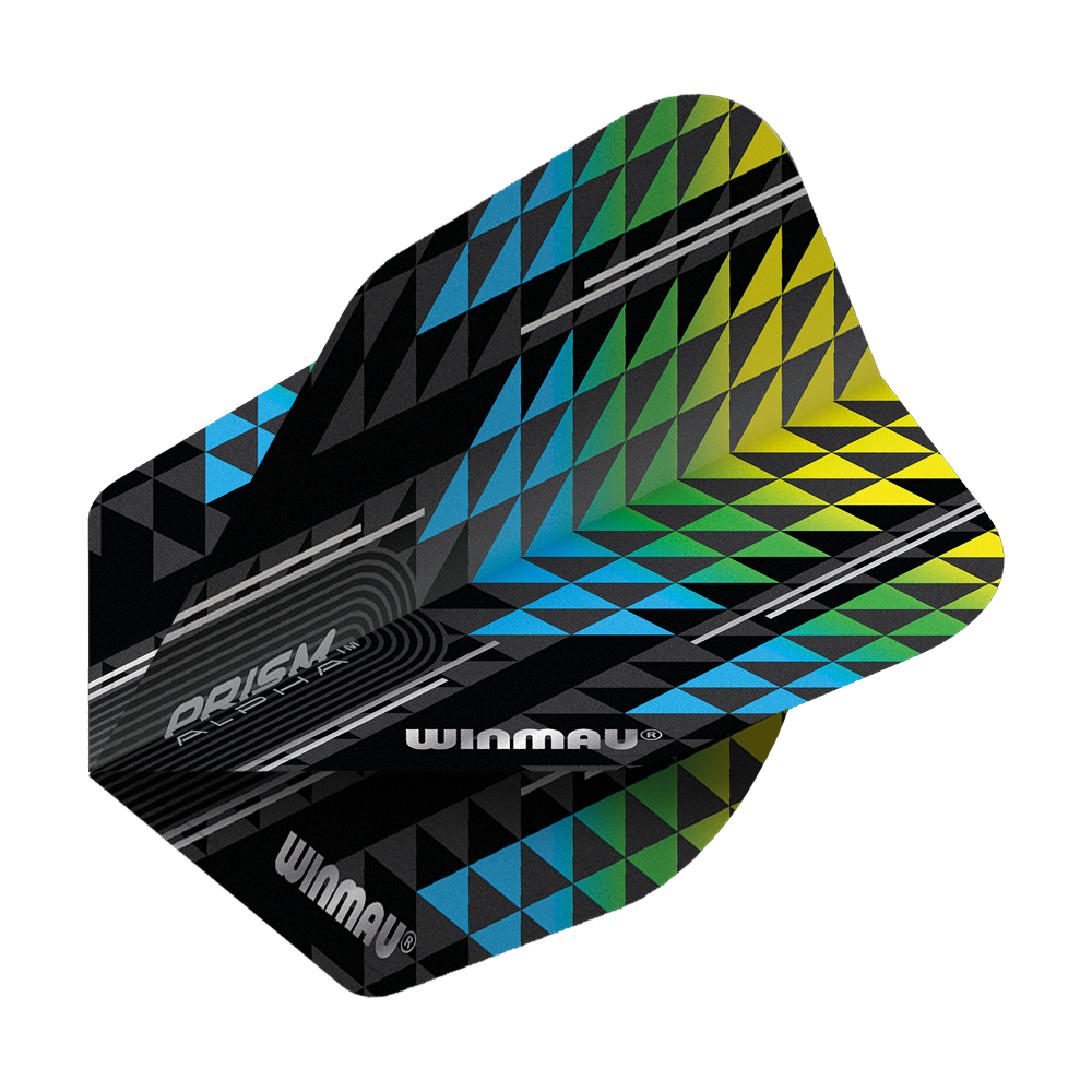 Das Bild zeigt ein Winmau Prism Alpha No6 Dartflight in den Farben Blau, Grün und Gelb. Das Flight hat ein modernes, geometrisches Muster mit vielen kleinen Dreiecken.