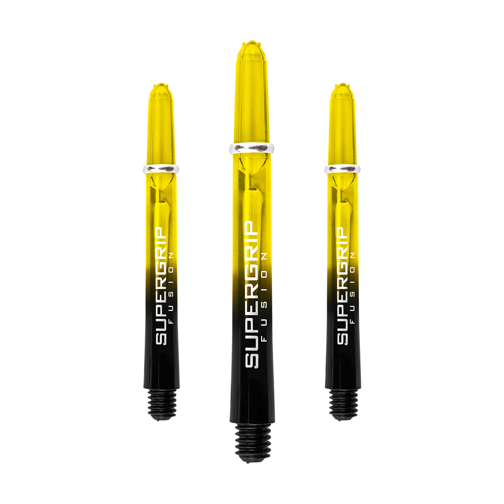 Das Bild zeigt drei Harrows Supergrip Fusion Shafts in Gelb. Die Shafts sind gelb-schwarz gefärbt und tragen den Aufdruck "SUPERGRIP FUSION".