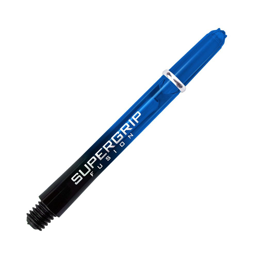 Das Bild zeigt den Harrows Supergrip Fusion Shaft in Blau. Der Schaft ist aus Kunststoff gefertigt und hat die Aufschrift "SUPERGRIP FUSION".