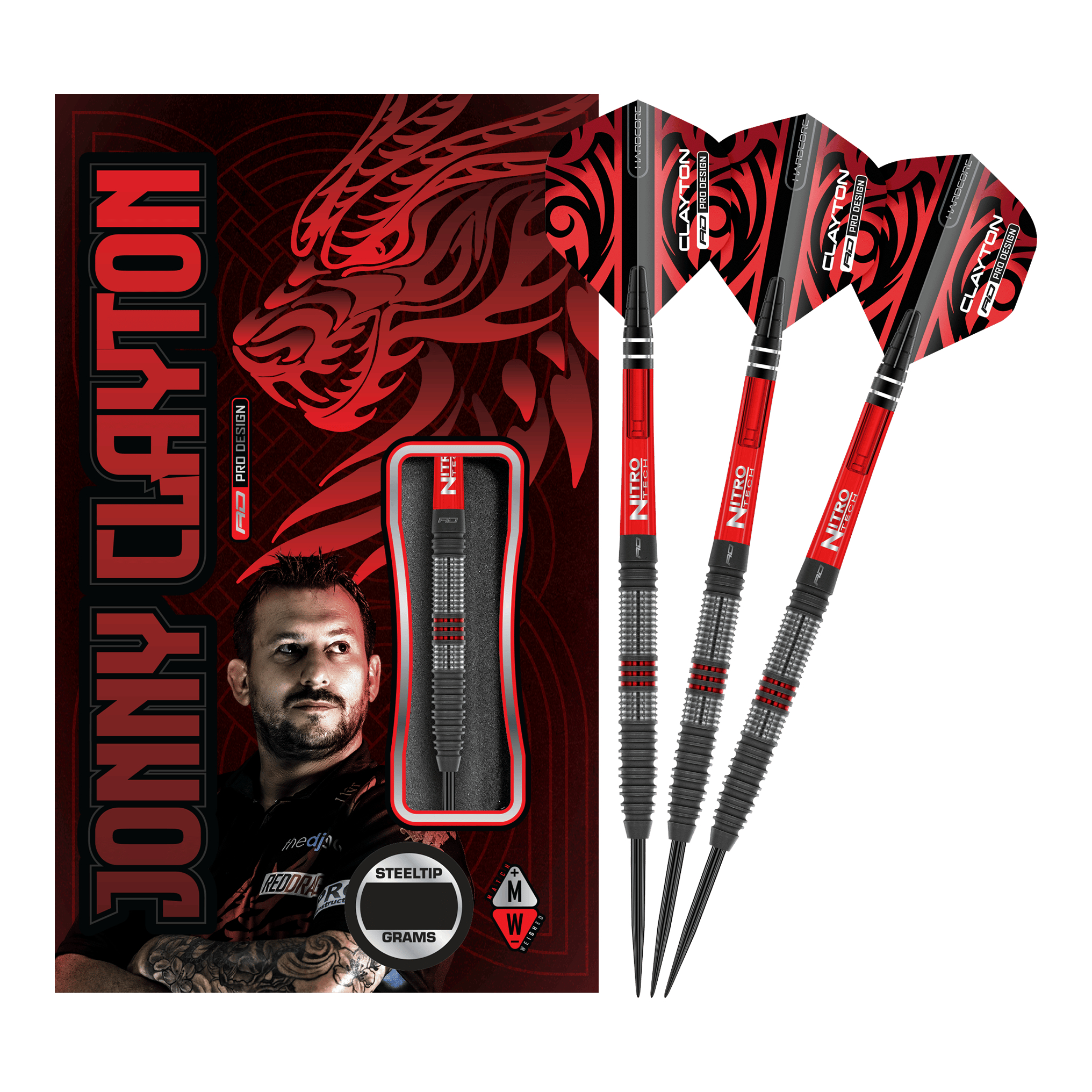 Red Dragon Jonny Clayton Hiraeth Steeldarts Das Bild zeigt das Produkt "Red Dragon Jonny Clayton Hiraeth Steeldarts" mit drei Steeldarts und einer auffälligen Verpackung. Auf der Verpackung sind ein Porträt von Jonny Clayton und ein roter Drachen abgebildet.