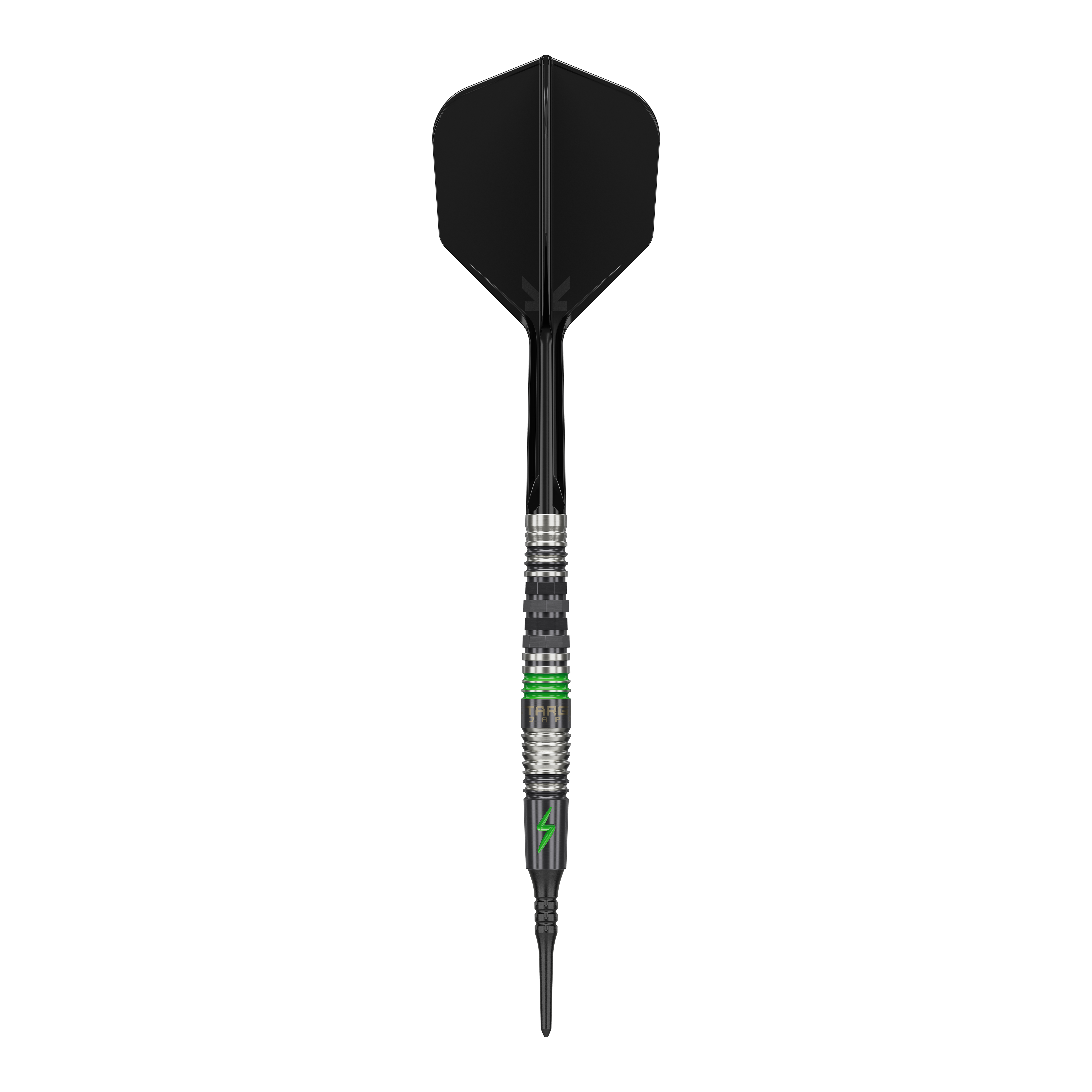 Target Japan Black Marque Lightning 3 Softdarts - 19g Dieses Bild zeigt einen Softdart mit dem Namen "Target Japan Black Marque Lightning 3" mit einem Gewicht von 19g. Der Dart ist überwiegend schwarz mit silbernen und grünen Akzenten gestaltet.