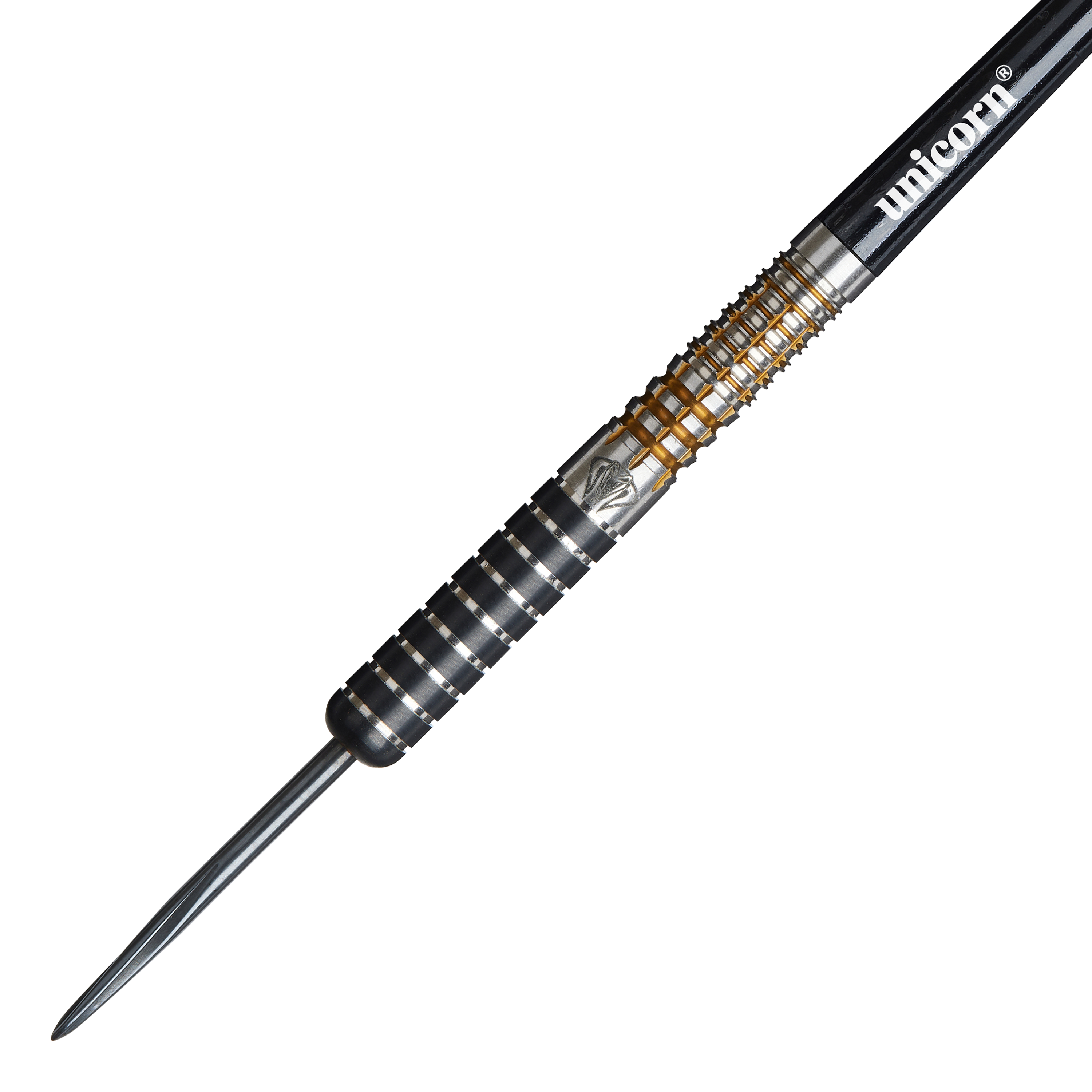 Unicorn Maestro Jeffrey De Zwaan Phase 3 Steeldarts Das Bild zeigt einen Unicorn Maestro Jeffrey De Zwaan Phase 3 Steeldart. Der Dart hat ein silber-schwarzes Design mit goldenen Akzenten und der Aufschrift "unicorn" auf dem Schaft.