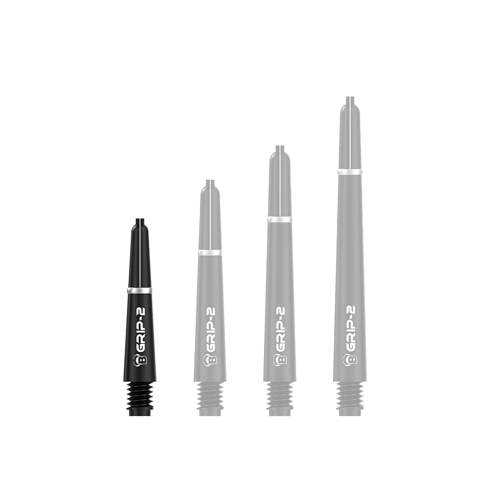 BS55081_Bulls_B-Grip-2_SL_Shafts_Schwarz_28mm_1vCrZ6Xj5sRYNT Das Bild zeigt vier schwarze Bulls B-Grip-2 SL Shafts in unterschiedlichen Längen. Sie sind für Dartpfeile gedacht und haben ein schlichtes, modernes Design.