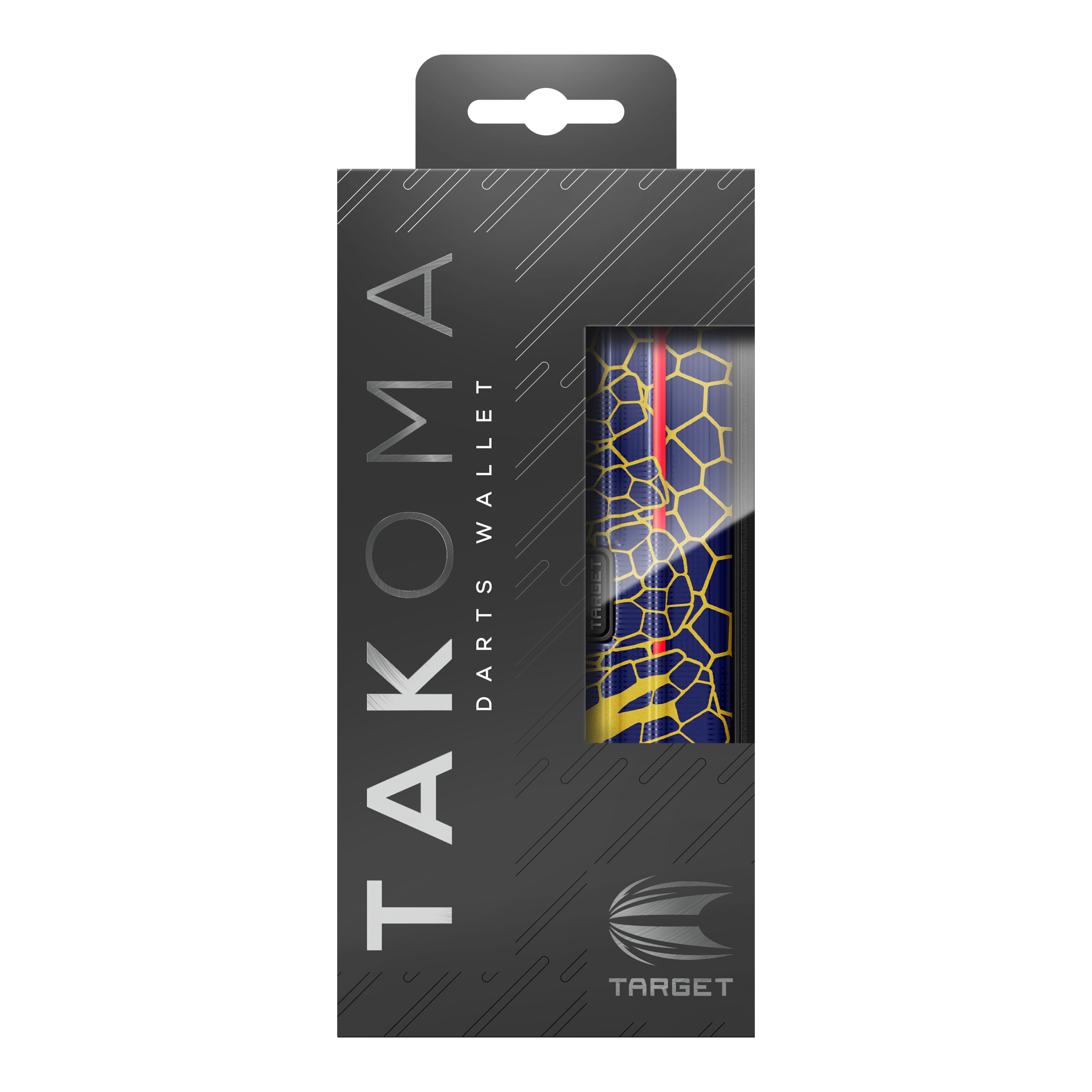 Target Takoma Josh Rock Dartcase Dies ist das Target Takoma Josh Rock Dartcase in einer eleganten schwarzen Verpackung. Durch das Sichtfenster sieht man das Design des Dartcases mit einem blauen und gelben Wabenmuster.
