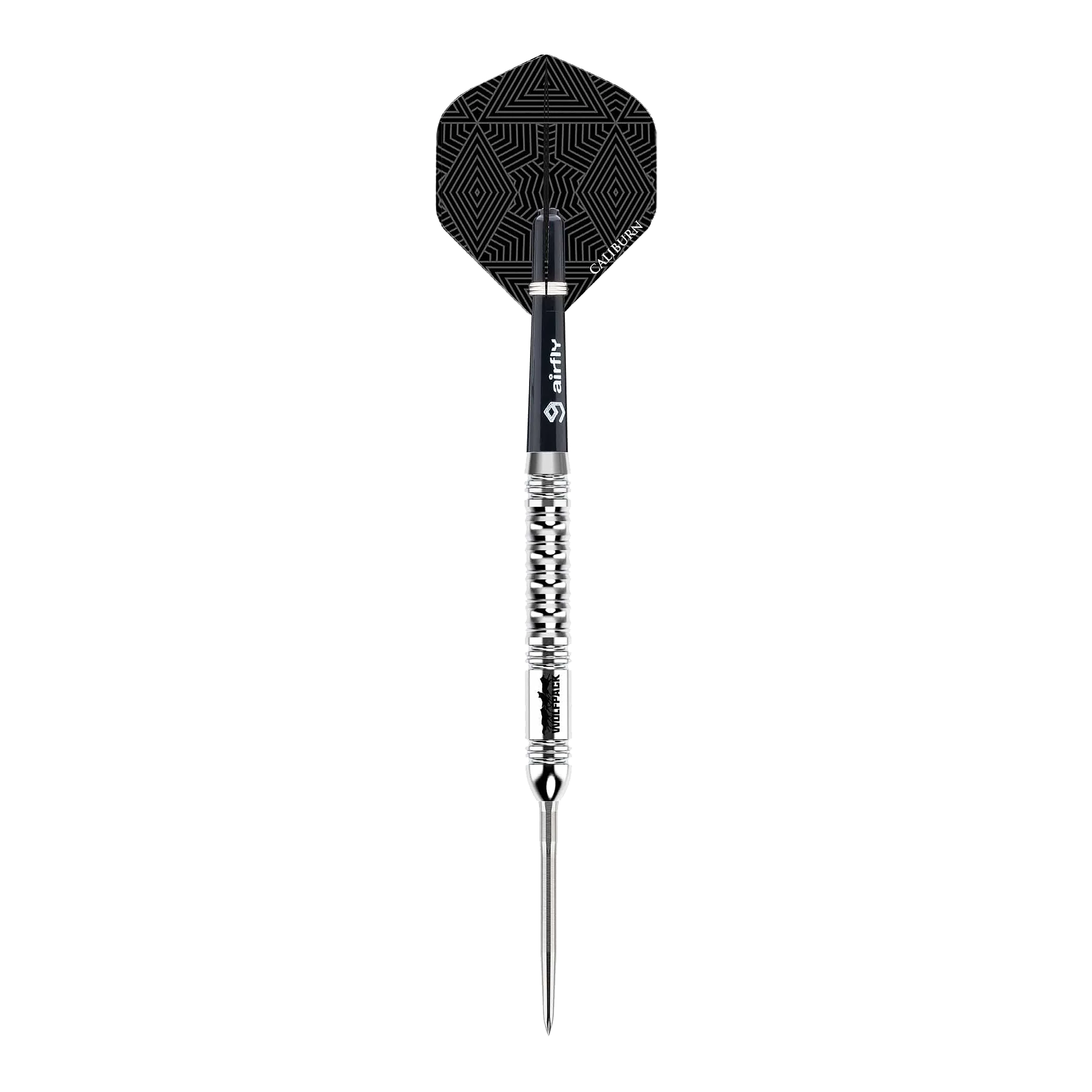 Caliburn Wolfpack W1 Steeldarts - 23g Der Caliburn Wolfpack W1 Steeldart wiegt 23,5 Gramm und hat ein auffälliges silbernes Design mit strukturiertem Griff. Die Flights sind schwarz mit einem geometrischen Muster versehen.