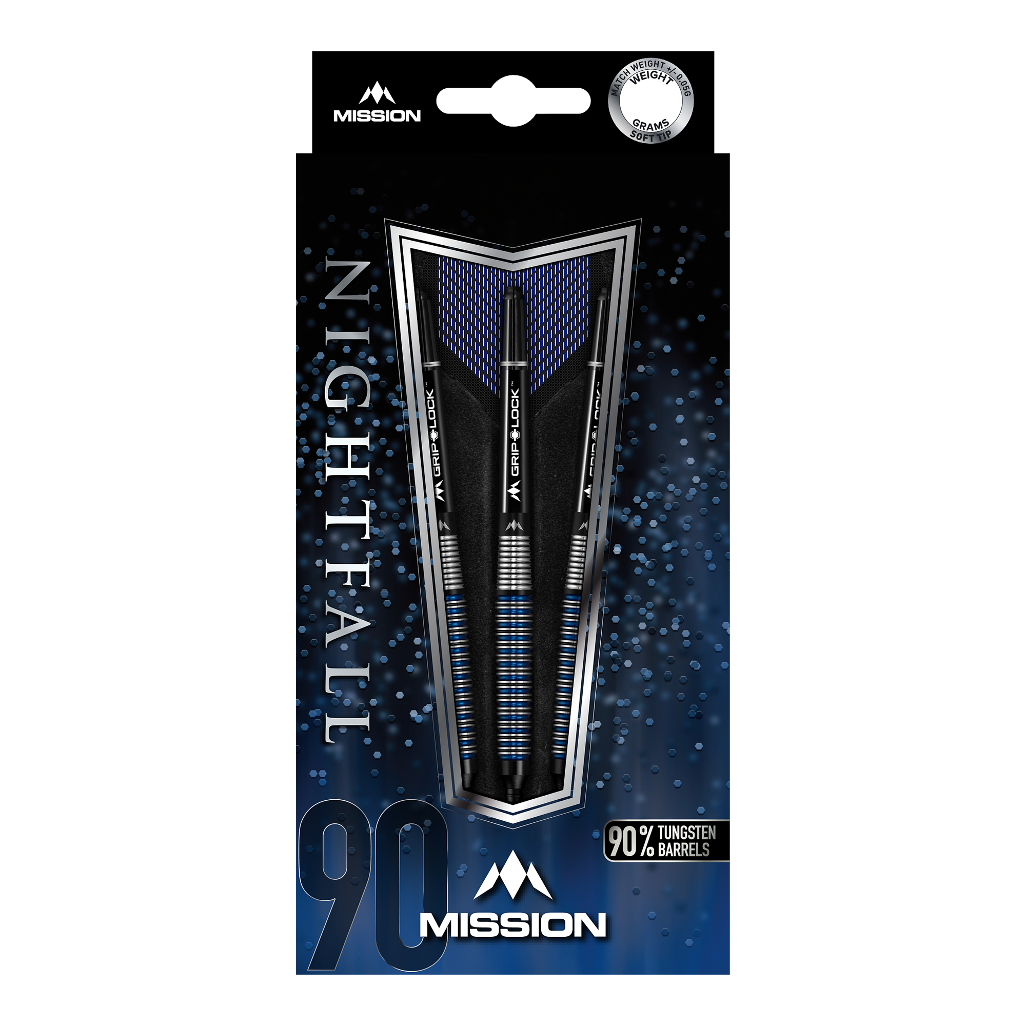 Mission Nightfall Model 2 Softdarts - 19g Die Abbildung zeigt die Mission Nightfall Model 3 Softdarts mit einem Gewicht von 20g. Die Verpackung hebt hervor, dass die Darts 90% Tungsten-Barrels besitzen.