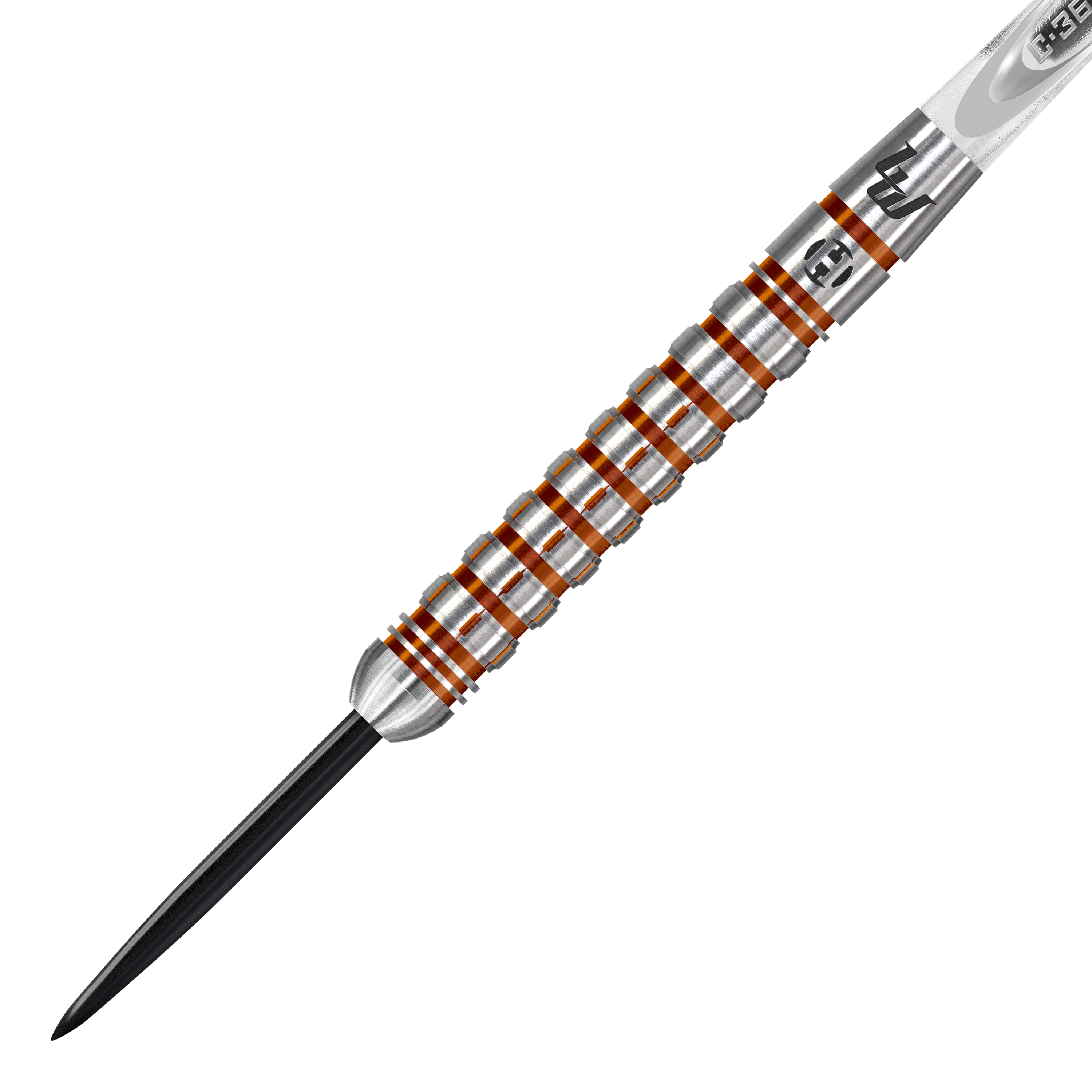Harrows Luke Woodhouse Series 2 Steeldarts Das Bild zeigt einen Harrows Luke Woodhouse Series 2 Steeldart. Der Dartpfeil hat ein silbernes Griffstück mit orangenen Rillen und eine schwarze Spitze.