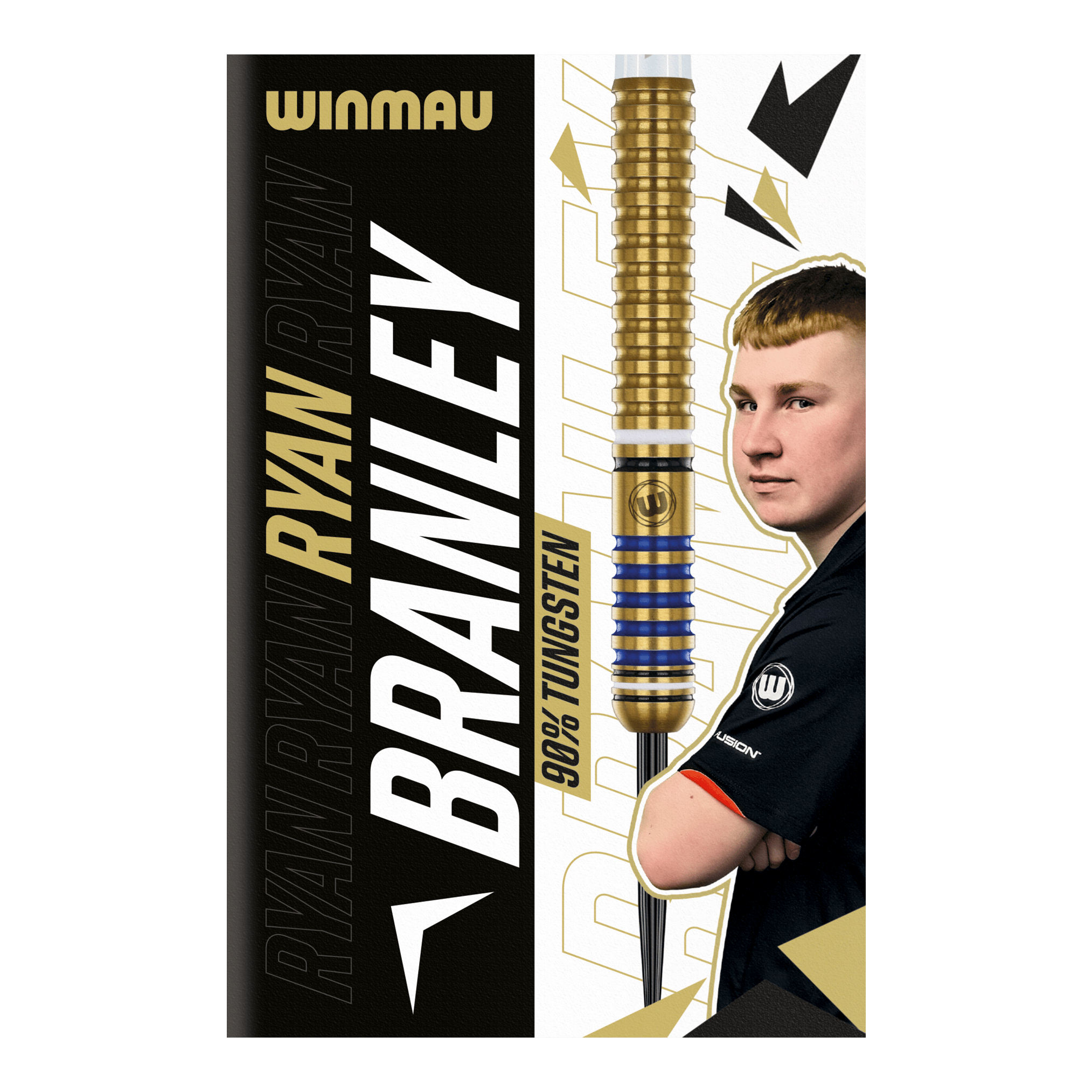 Winmau Ryan Branley Steeldarts - 23g Die Abbildung zeigt die Verpackung der "Winmau Ryan Branley Steeldarts - 23g". Auf der Verpackung sind ein Dartpfeil, ein Foto einer Person und der Schriftzug "90% Tungsten" zu sehen.