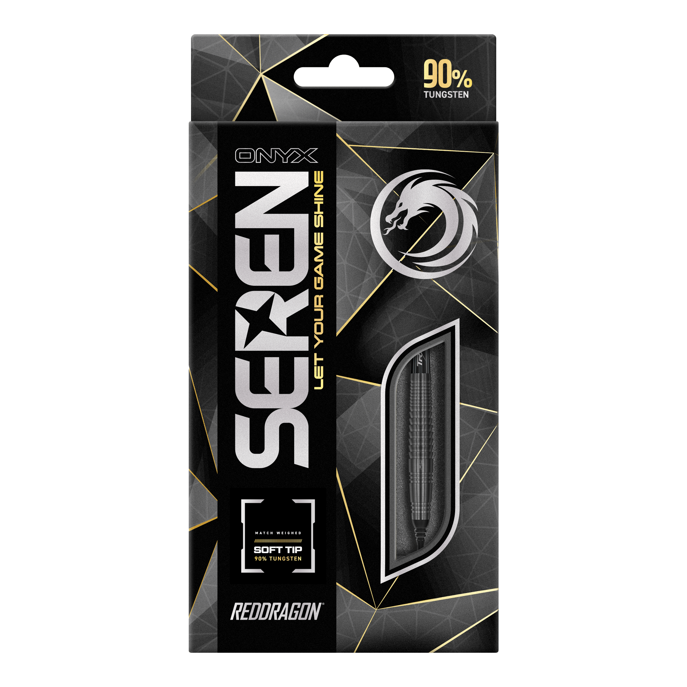 Das Bild zeigt die Verpackung der "Red Dragon Seren 4 Onyx Softdarts - 20g". Die Verpackung ist schwarz mit goldenen Akzenten und hebt hervor, dass die Darts aus 90% Tungsten bestehen.