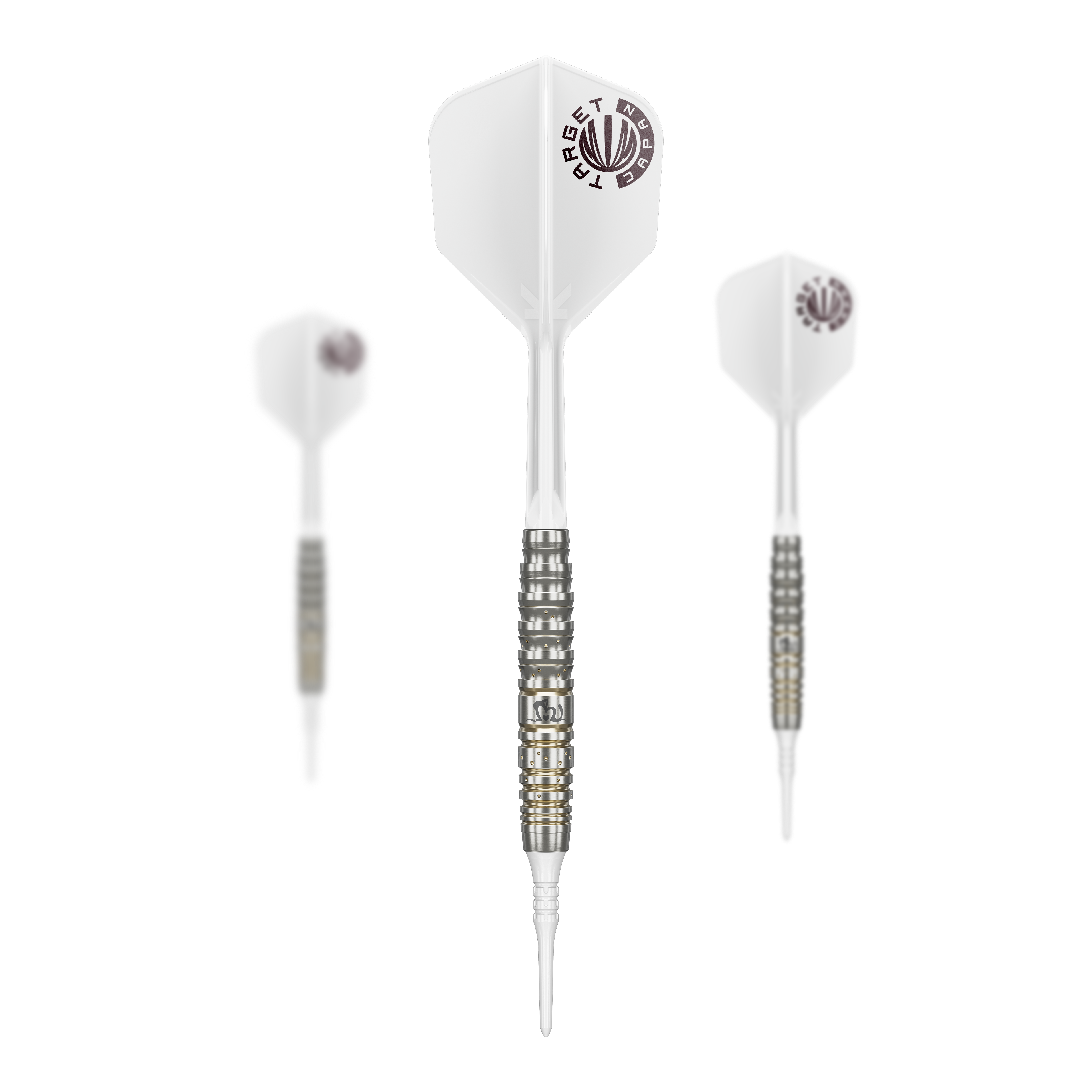 Das Bild zeigt drei Softdarts der Serie „Target Japan Prime Series Mayujo Morita GEN6“ mit einem Gewicht von 18g. Die Darts haben weiße Flights und einen silber-schwarzen Barrel mit goldenen Akzenten.