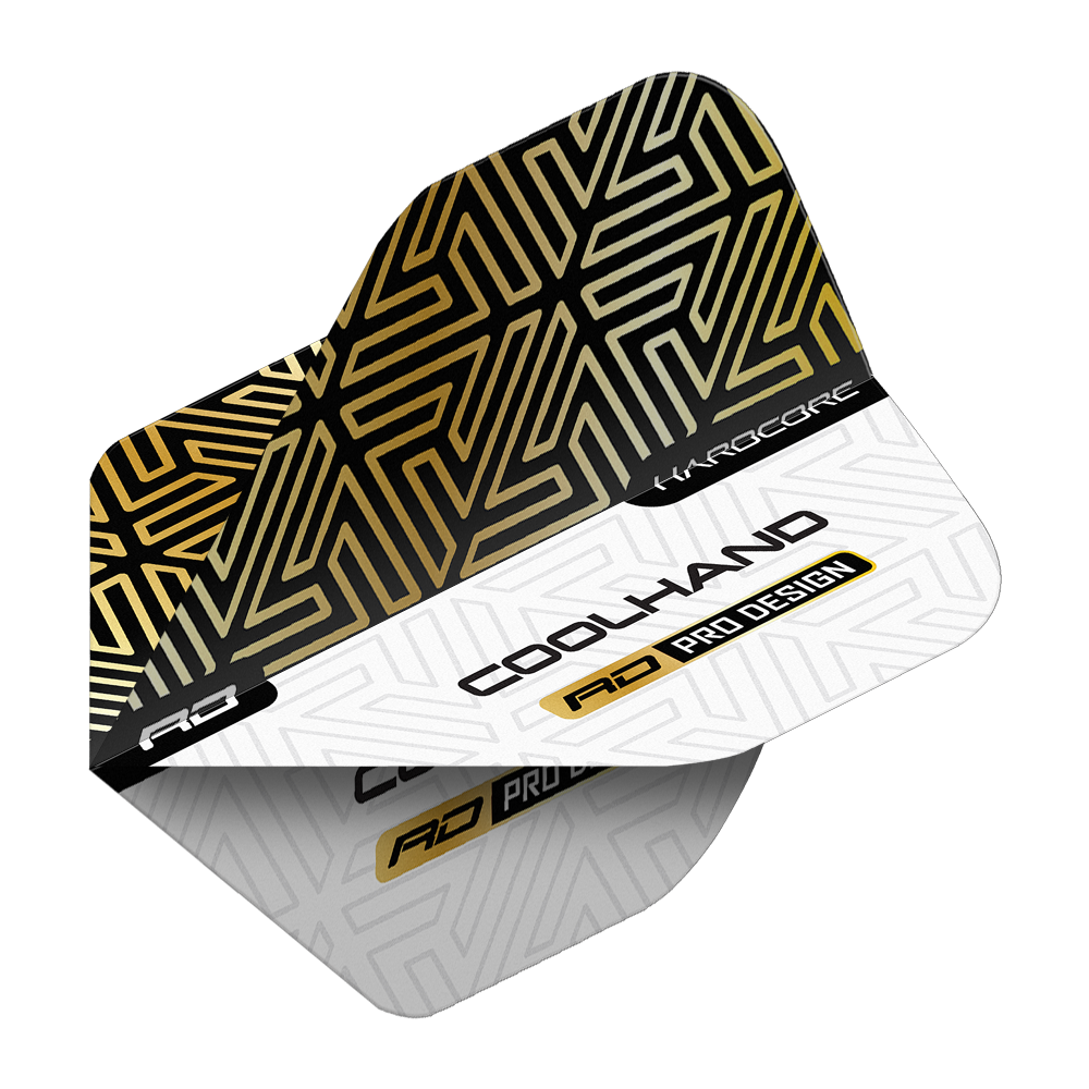 Das Bild zeigt ein Dartflight mit einem gold-schwarzen und weißen geometrischen Muster. Auf dem Flight stehen die Wörter "COOLHAND", "RD PRO DESIGN" und "HARDCORE".