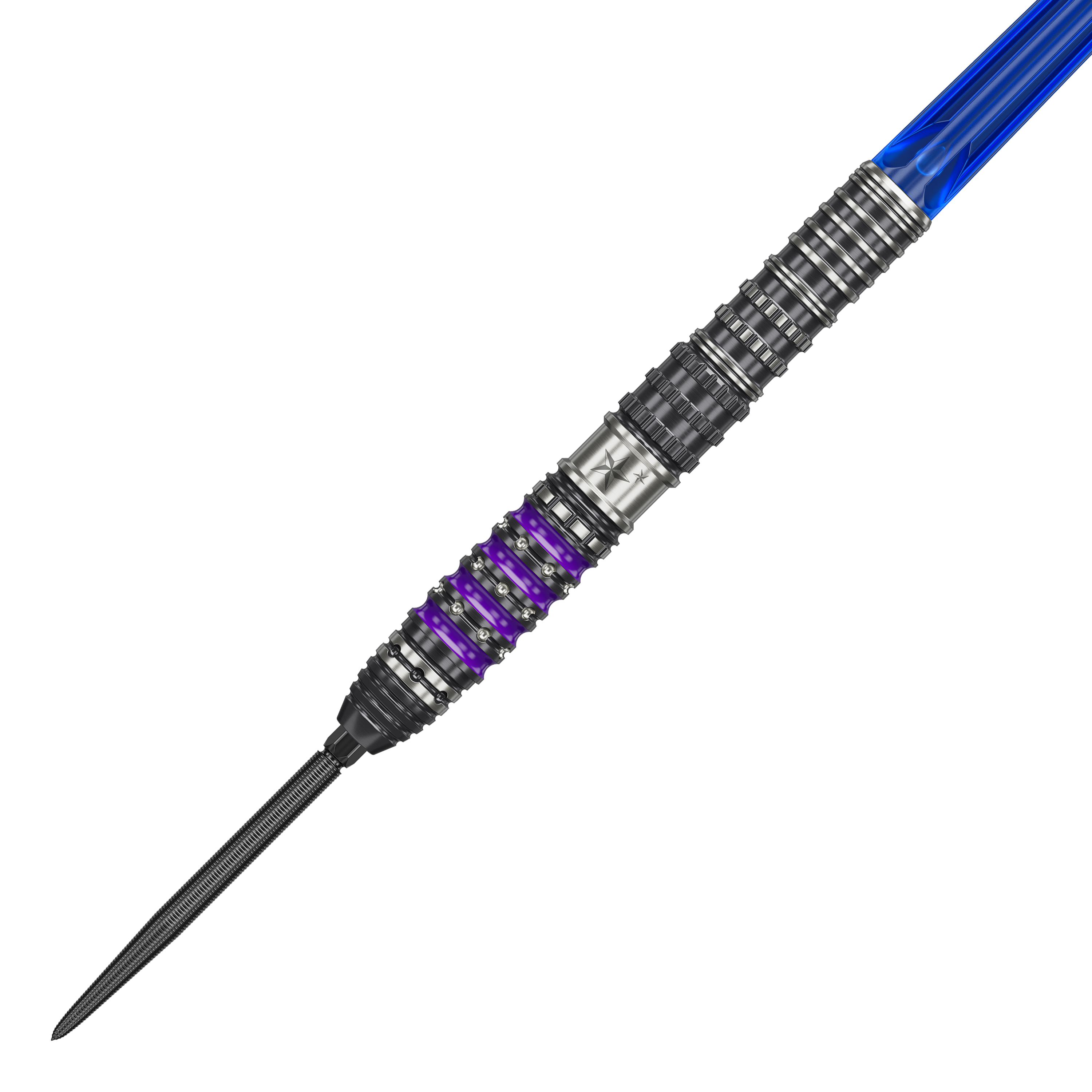 Target Japan Prime Series Sirius GEN4 Swiss Point Steeldarts Das Bild zeigt einen Target Japan Prime Series Sirius GEN4 Swiss Point Steeldart. Der Dart hat einen silbernen und schwarzen Schaft mit lila Akzenten und einer blauen Flight.