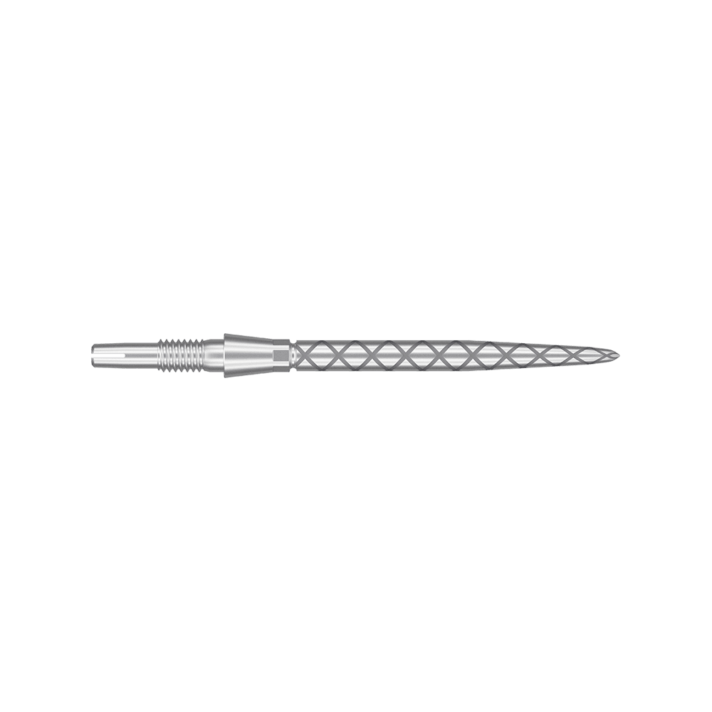 Target Swiss Storm Diamond Point Dartspitzen - Silber Das Bild zeigt eine silberne Dartspitze mit einem rautenförmigen Muster entlang des Schafts. Die Spitze ist lang und dünn mit feinen Rillen am breiteren Ende.