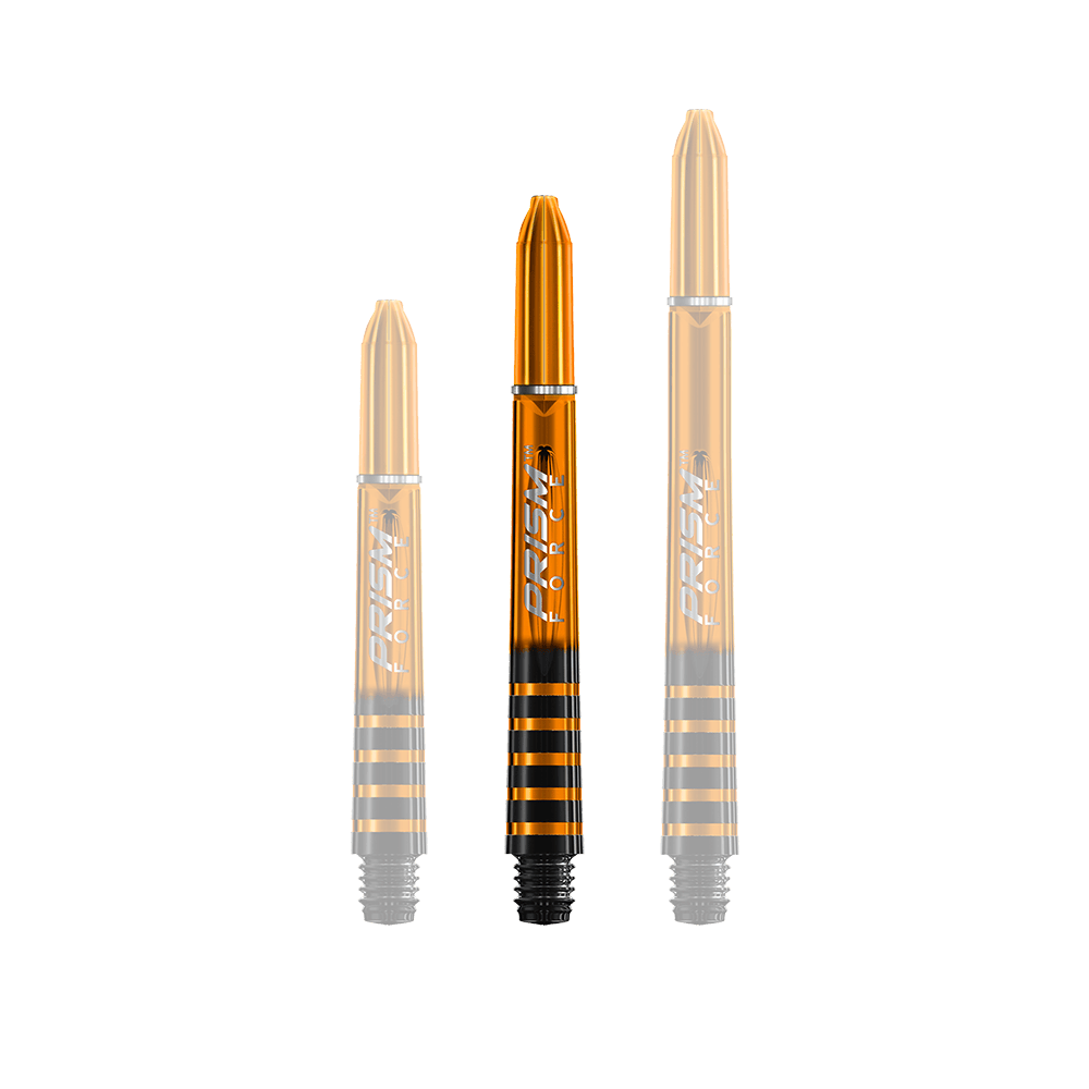 7020-407_Winmau_Prism_Force_Shafts_Orange_41mm_119A6drx99dqnp Das Bild zeigt drei orangefarbene Winmau Prism Force Shafts in unterschiedlichen Längen. Die Dartschäfte haben einen glänzenden Look mit schwarzen Streifen am unteren Ende.