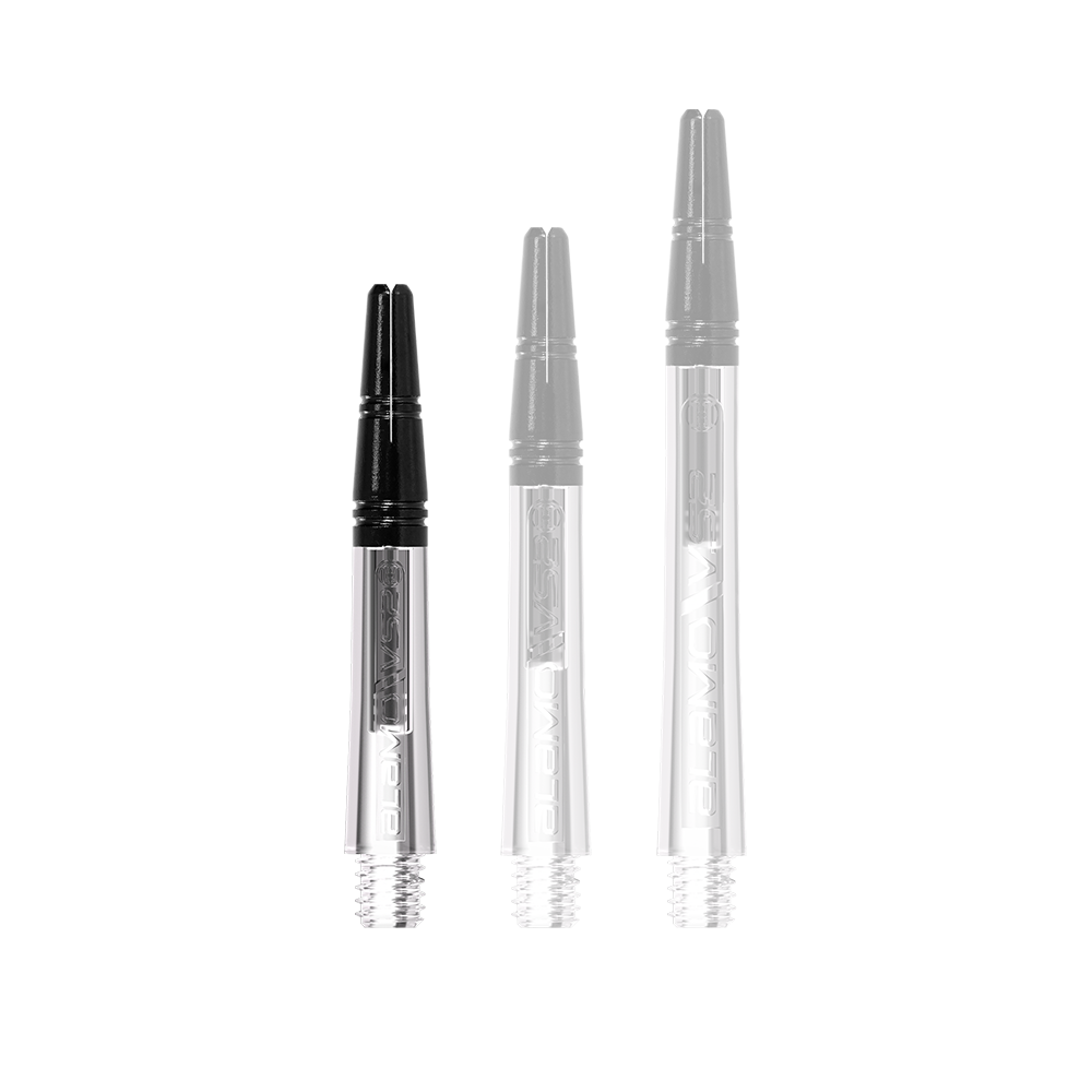 Harrows Alamo VS2 Shafts - Clear Auf dem Bild sind drei unterschiedlich lange, transparente und schwarze Dartschäfte abgebildet. Sie stehen nebeneinander auf weißem Hintergrund.