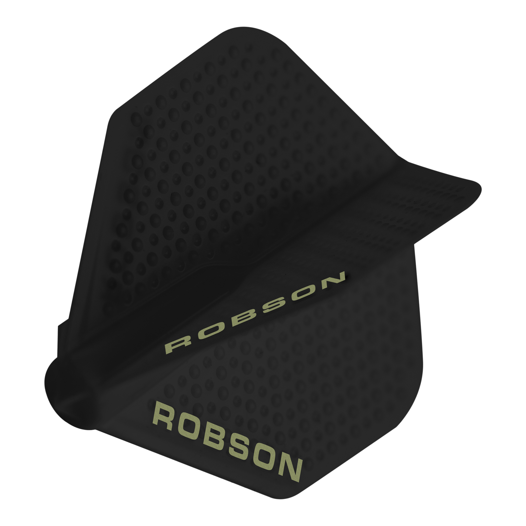 Robson Plus Dimple Flights - Schwarz Dies ist ein schwarzer Dartflight mit einer Dimple-Oberfläche. Auf dem Flight steht der Schriftzug „ROBSON“ in heller Farbe.