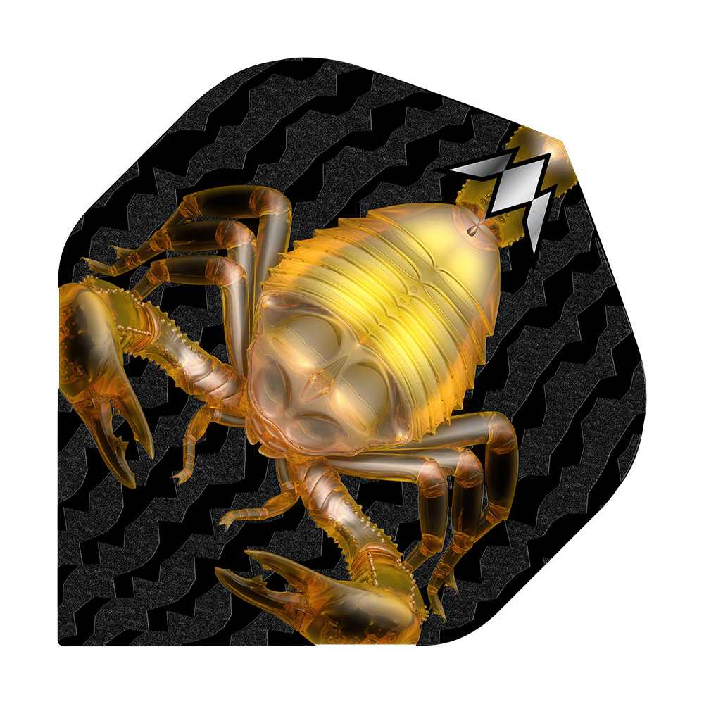 Das Bild zeigt das Produkt "Mission Solo Scorpion No2 Standard Flights" mit einer goldenen Skorpion-Grafik. Der Hintergrund ist schwarz mit einem wellenförmigen Muster.