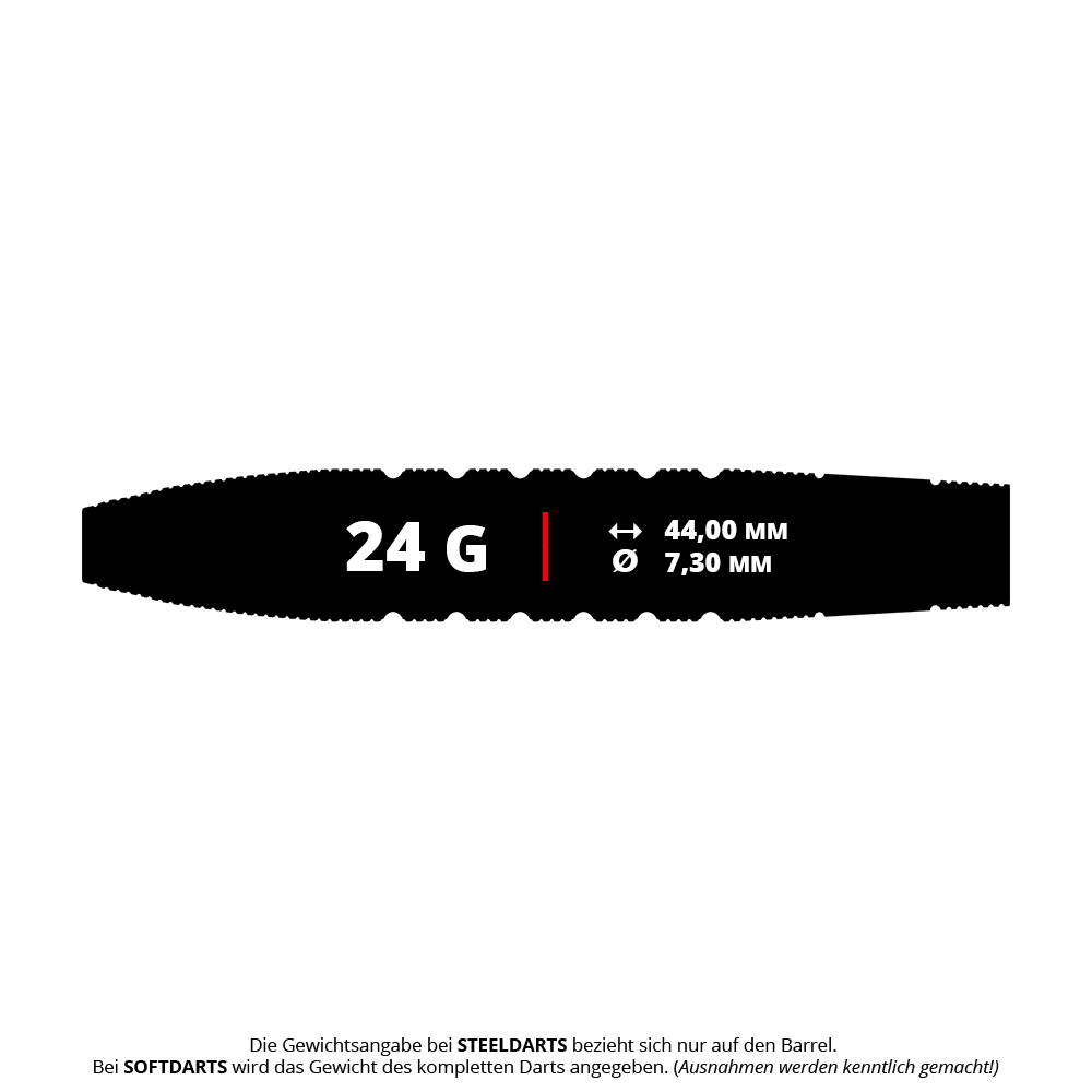 GOAT Quarterback V2 Tungsten Steeldarts - 24g Das Bild zeigt die Produktinformationen der GOAT Quarterback V2 Tungsten Steeldarts mit 24 Gramm Gewicht. Der Barrel ist 44,00 mm lang und hat einen Durchmesser von 7,30 mm.