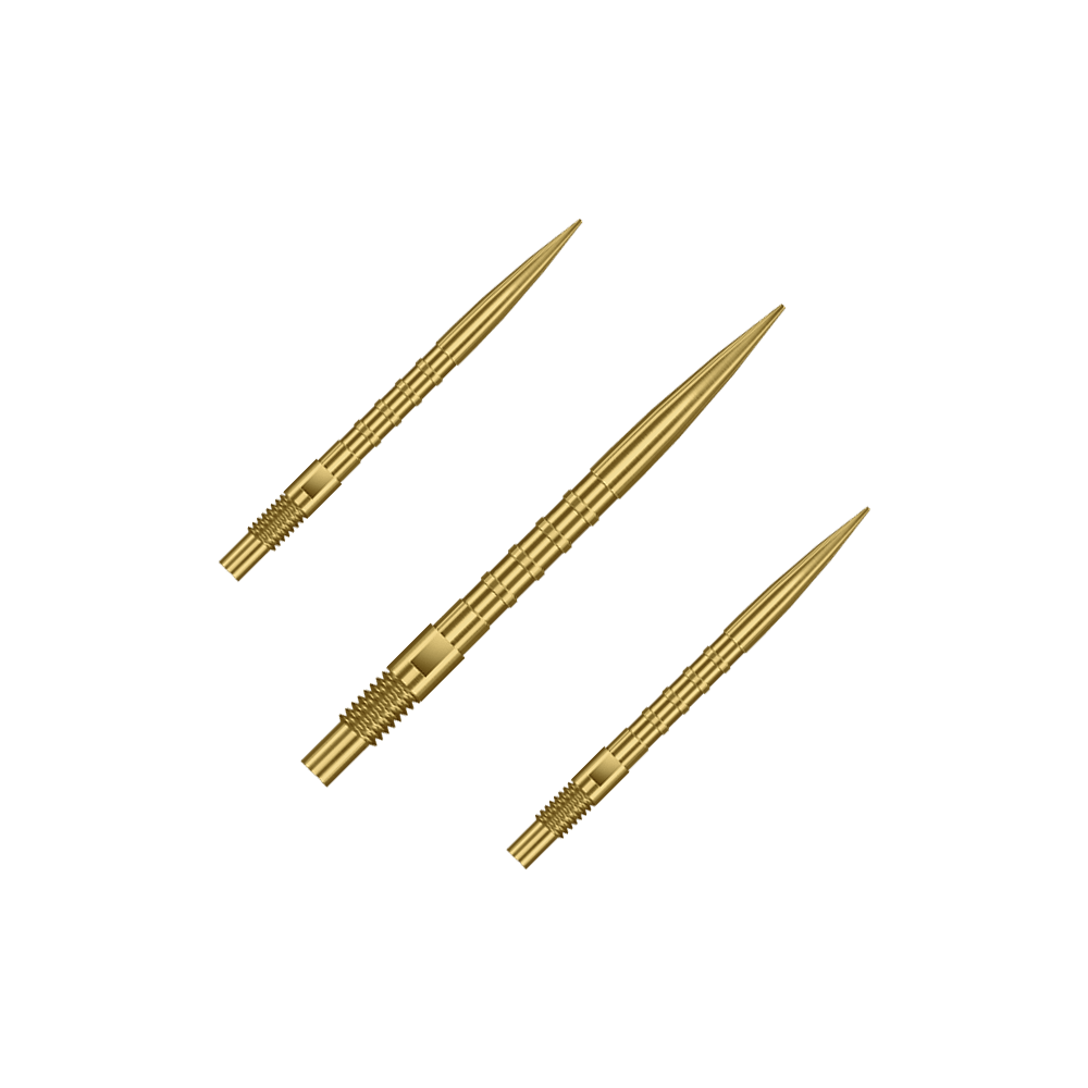 Harrows Quick Point Heavy Metal Dartspitzen - Gold Abgebildet sind goldene Dartspitzen mit 26mm Länge, dargestellt als ein Set. Es handelt sich um Harrows Quick Point Heavy Metal Grip Dartspitzen Gold 26mm im Set.