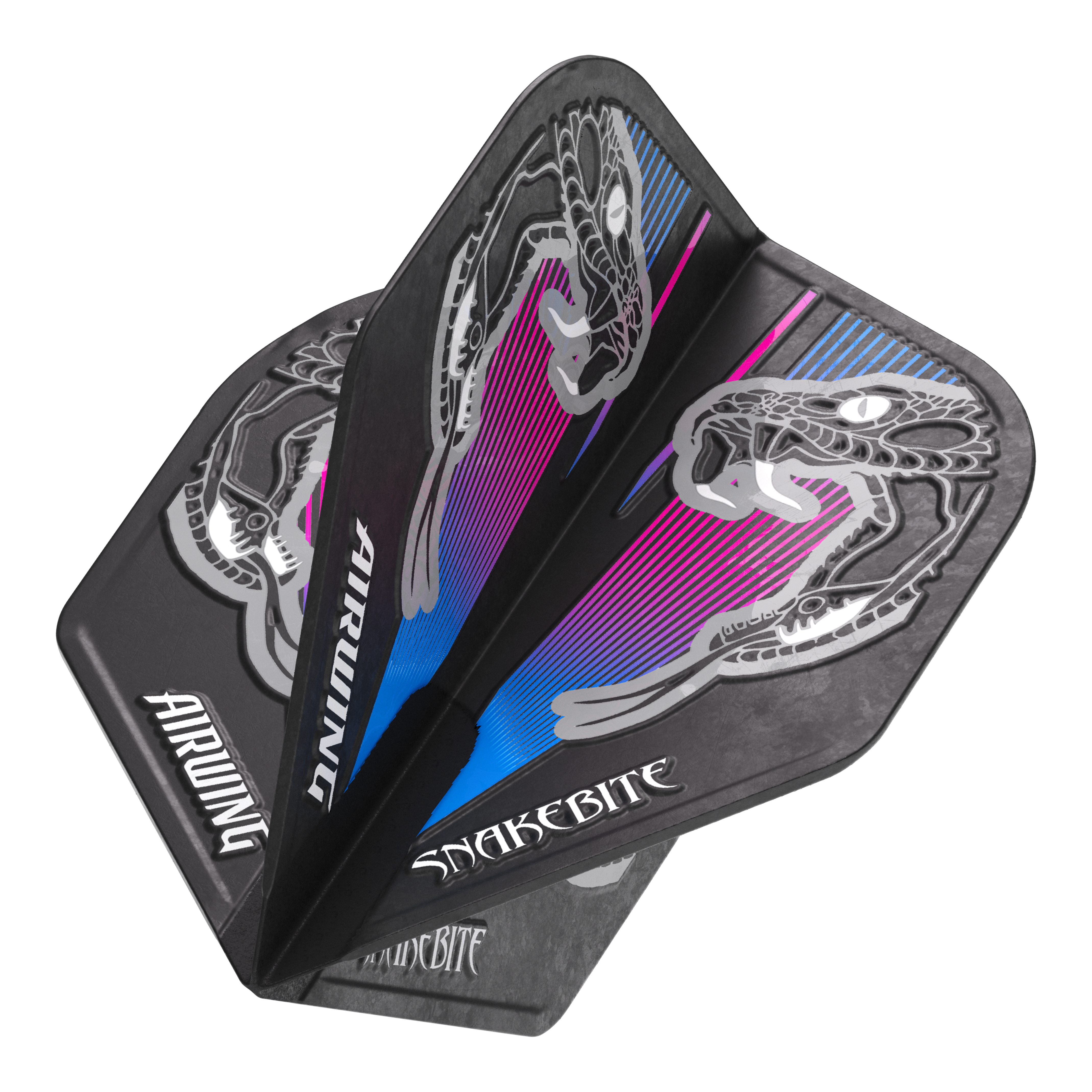 Das Bild zeigt die "Red Dragon Airwing Peter Wright Blue Standard Flights" für Dartpfeile. Die Flights sind schwarz mit einem auffälligen Schlange-Design sowie blauen und pinken Farbakzenten.